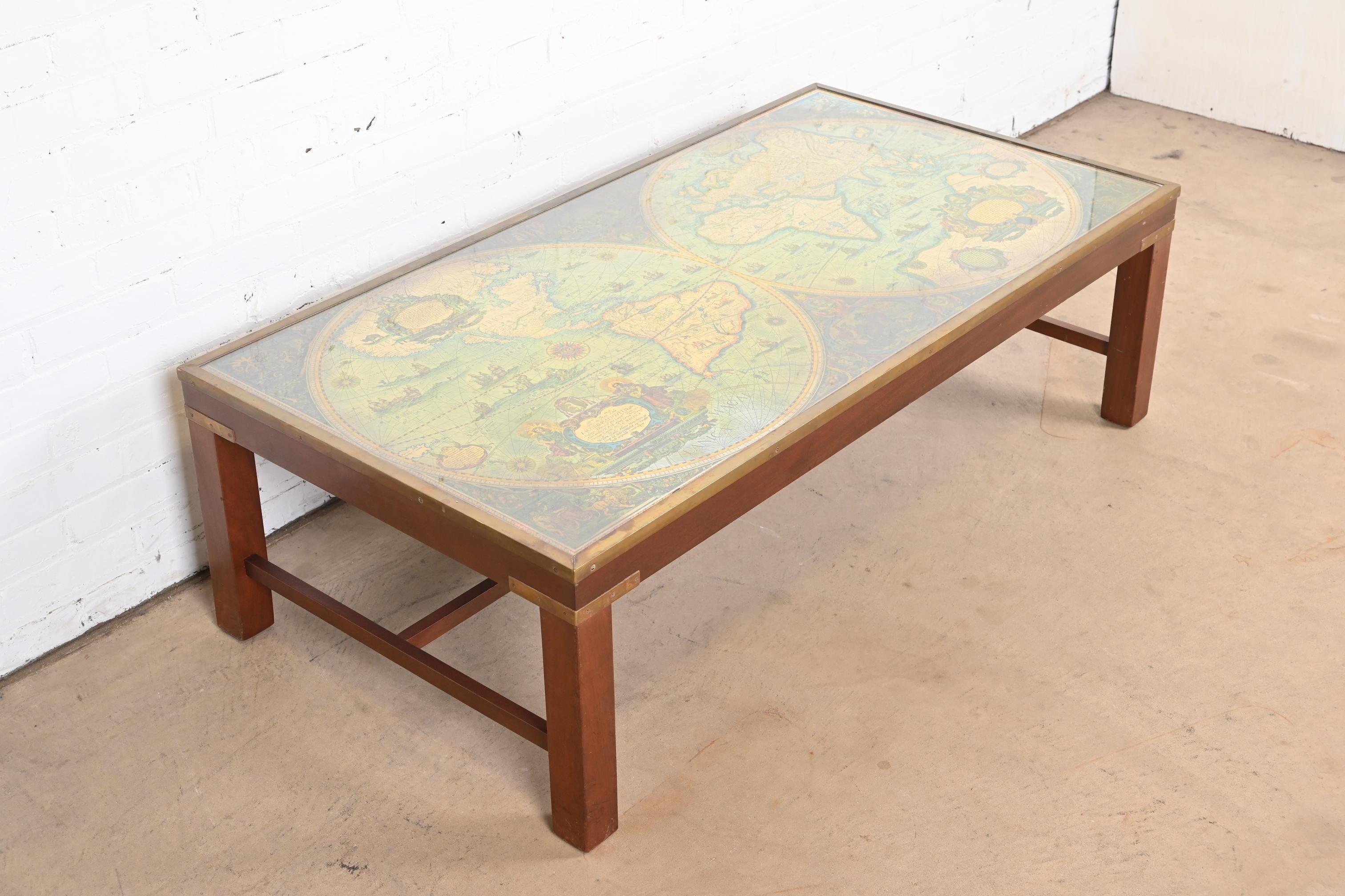 Labarge Campaign Mahogany and Brass Mounted Coffee Table With Old World Map Top In Good Condition For Sale In South Bend, IN