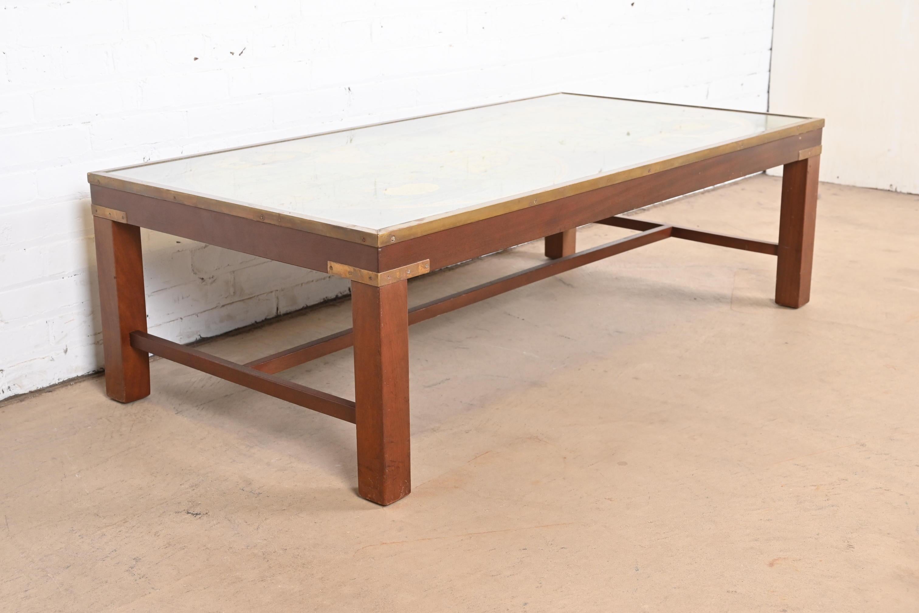 20th Century Labarge Campaign Mahogany and Brass Mounted Coffee Table With Old World Map Top For Sale