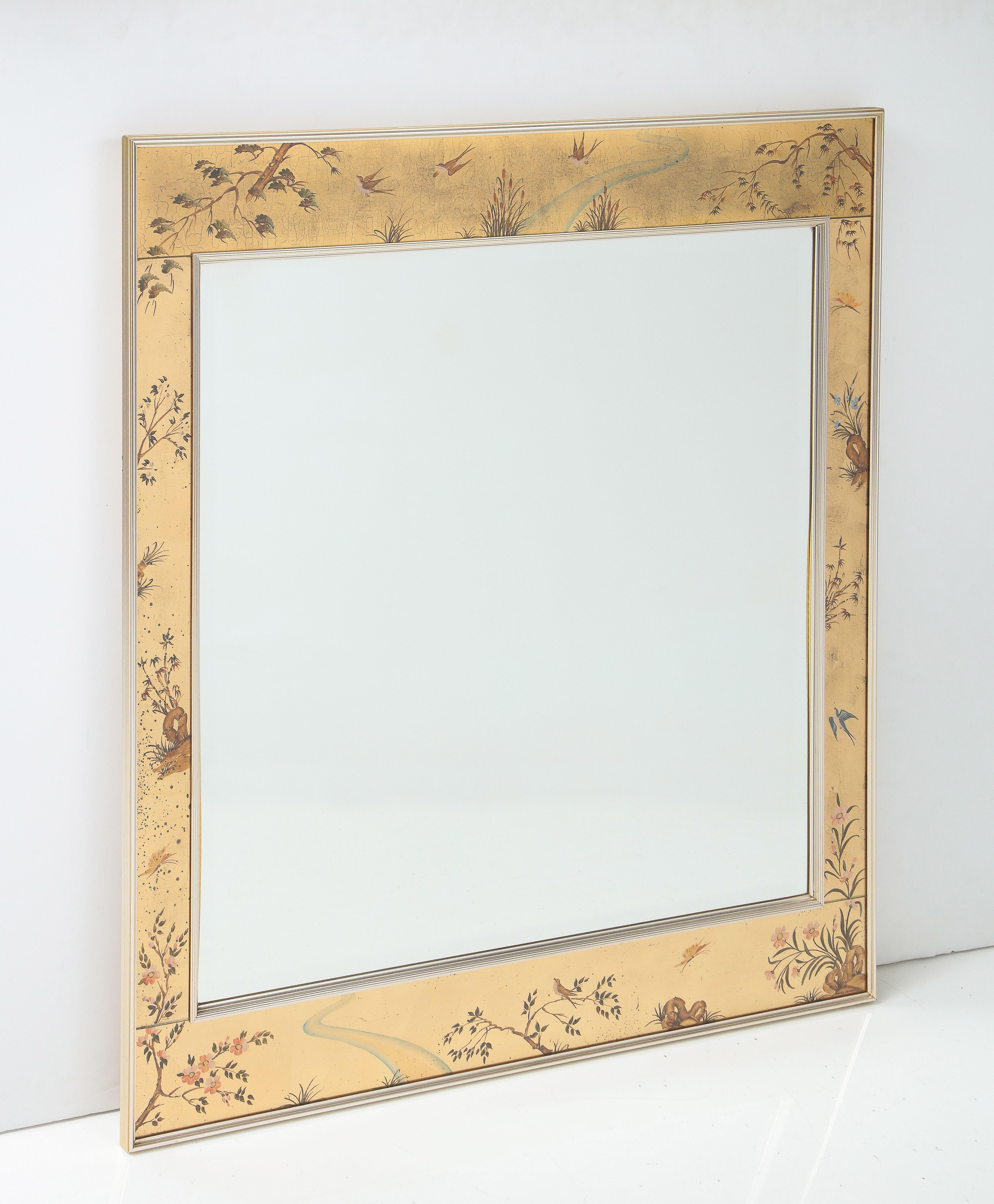 Chinoiserie Mirror by LaBarge features eglomise hand painted glass panels and hand applied gold leaf. Mirror panel is beveled and is contained in a thin brass frame.