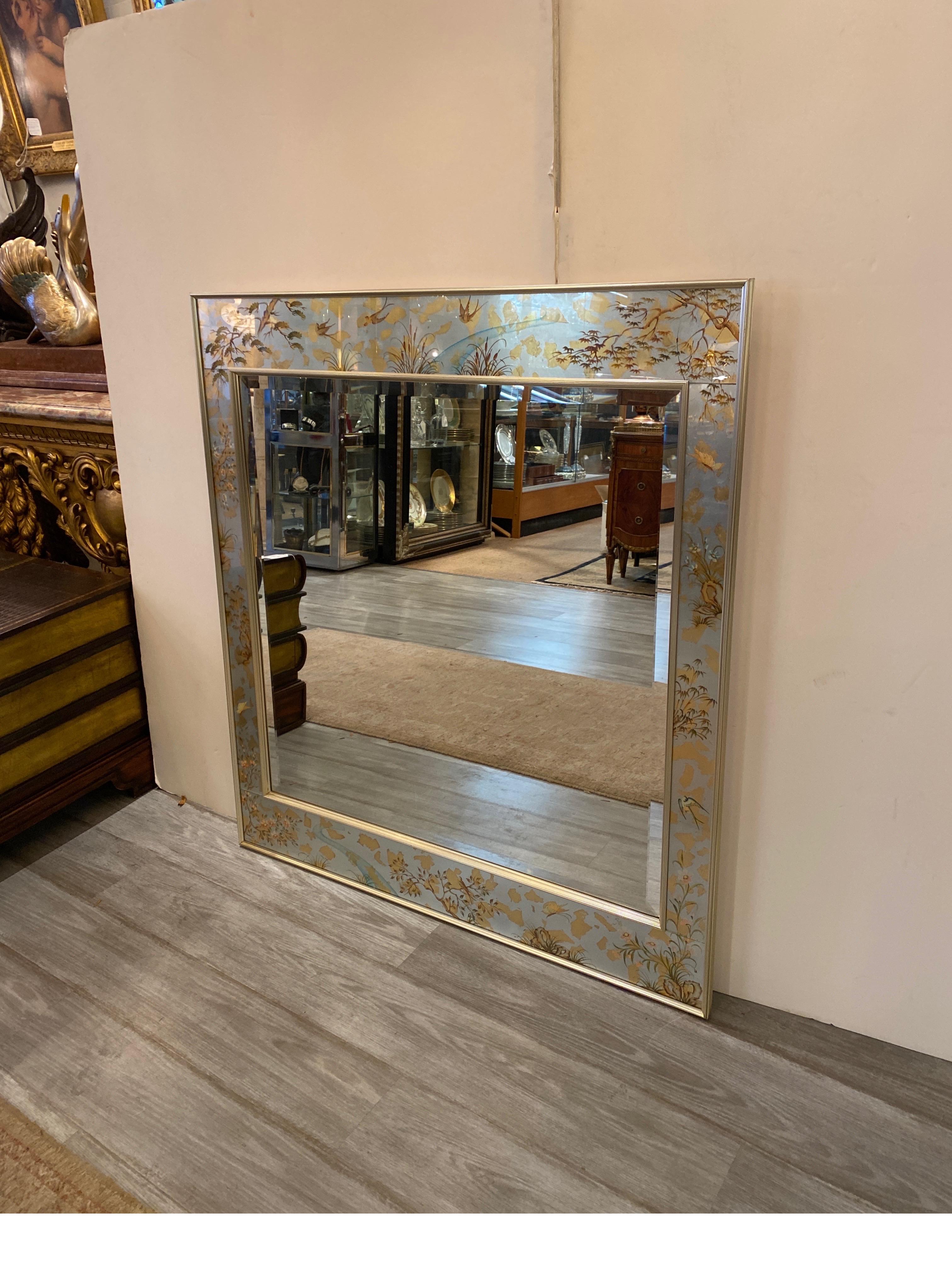 Glass LaBarge Chinoiserie Hand Painted Eglomise Silvered Mirror
