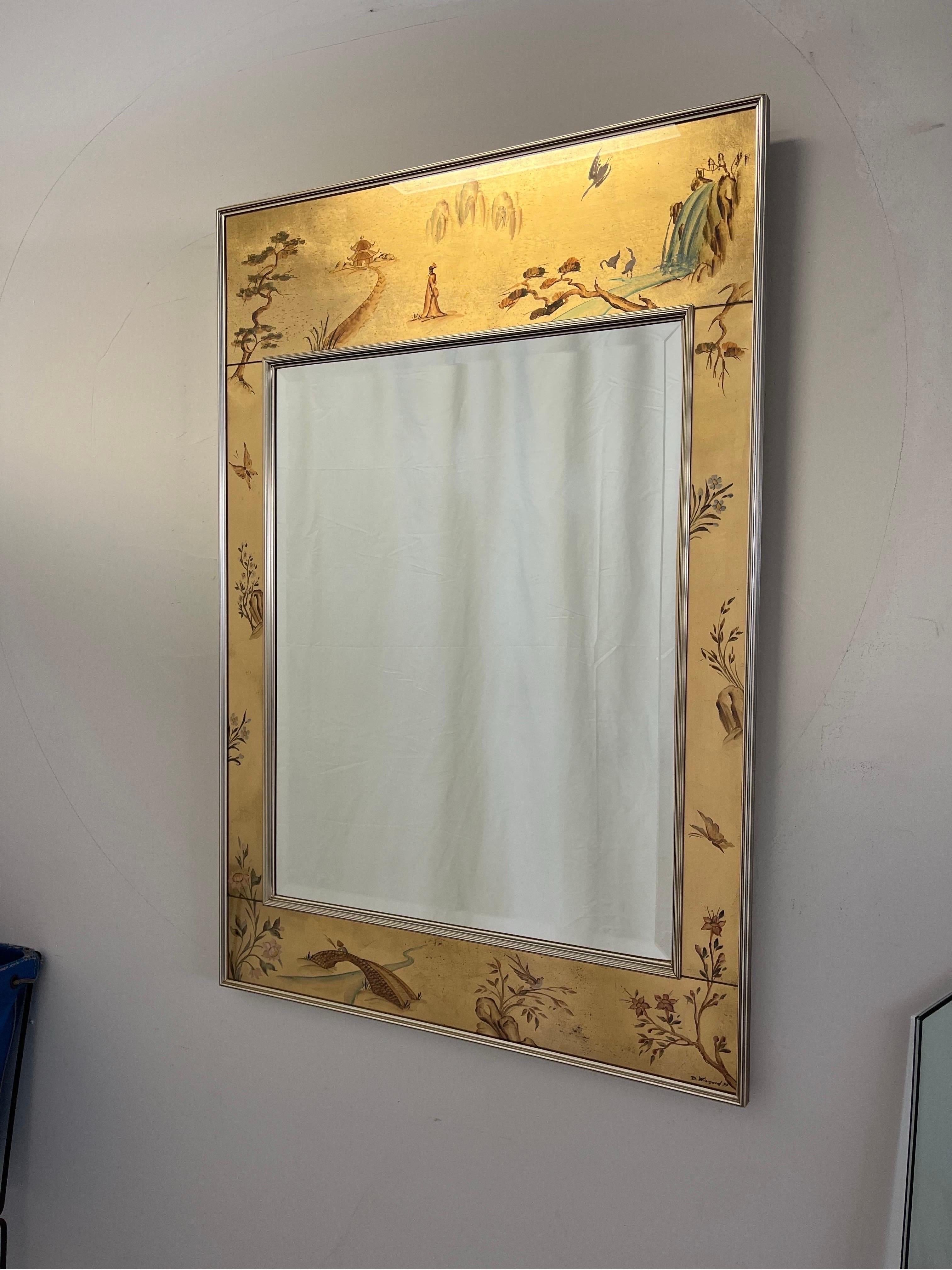 La Barge hand painted mirror frame depicts Asian flora and fauna. Chrome anodized aluminum gallery style surround. Signed and dated by the artist, K. Scheibach, 77.
Curbside to NYC/Philly $300