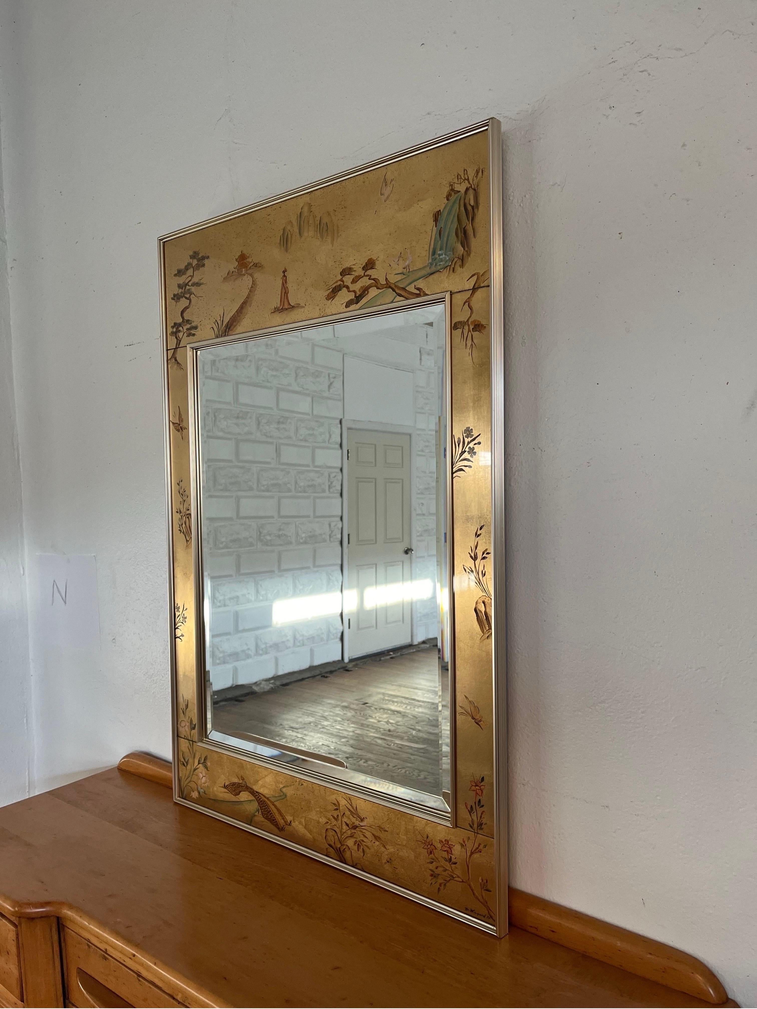Brass LaBarge Chinoiserie Handpainted & Signed Mirror For Sale