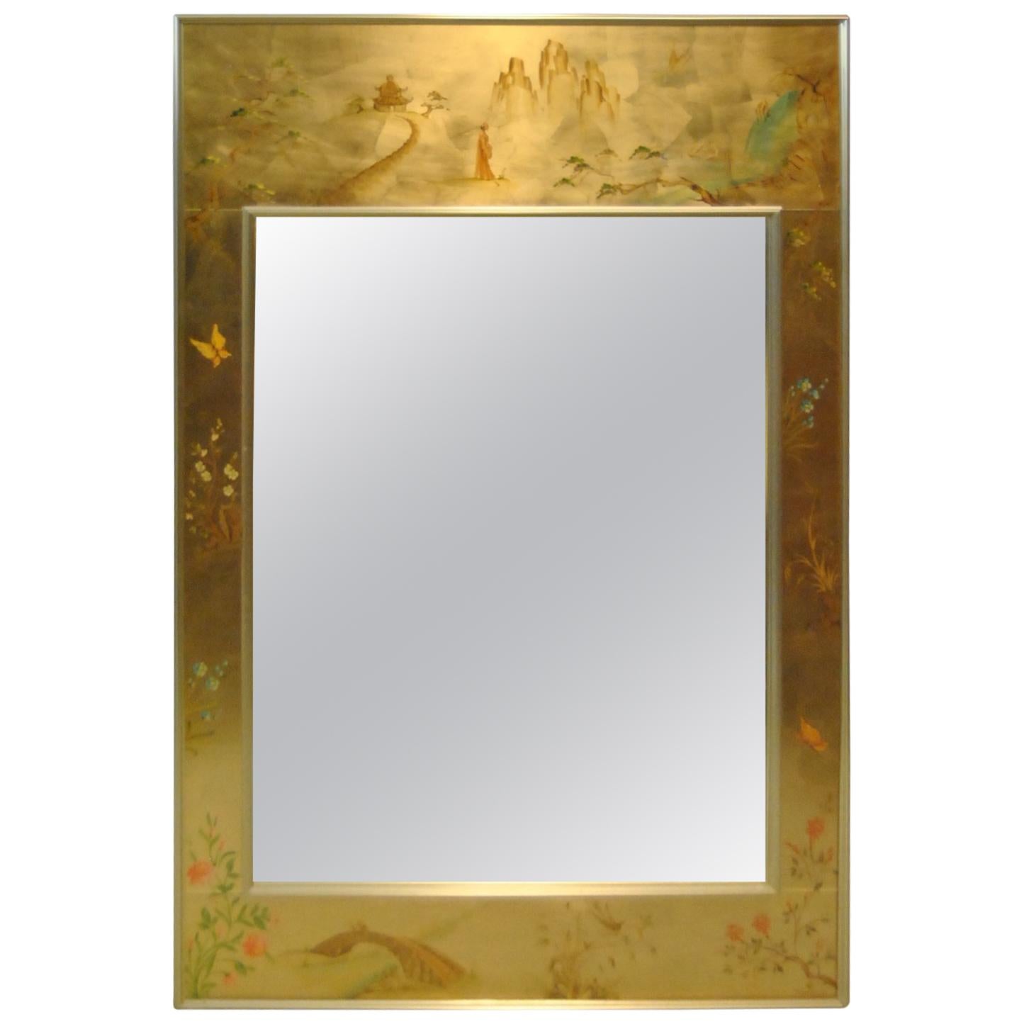 LaBarge Églomisé Reverse Painted Asian Style Gold Bevelled Wall Mirror