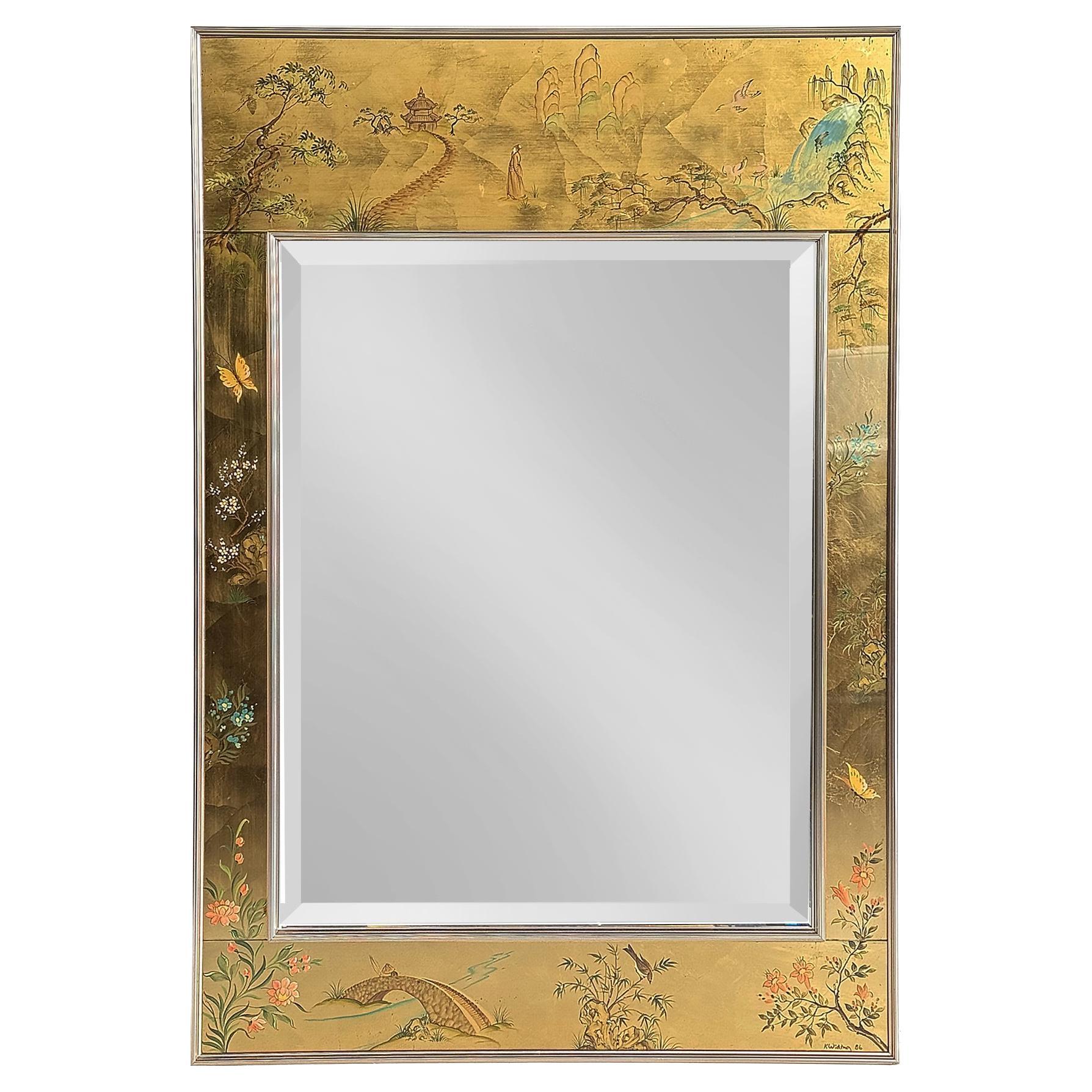 LaBarge Elgomise Chinnoiserie Reverse Gold Painted Mirror, 1986 For Sale