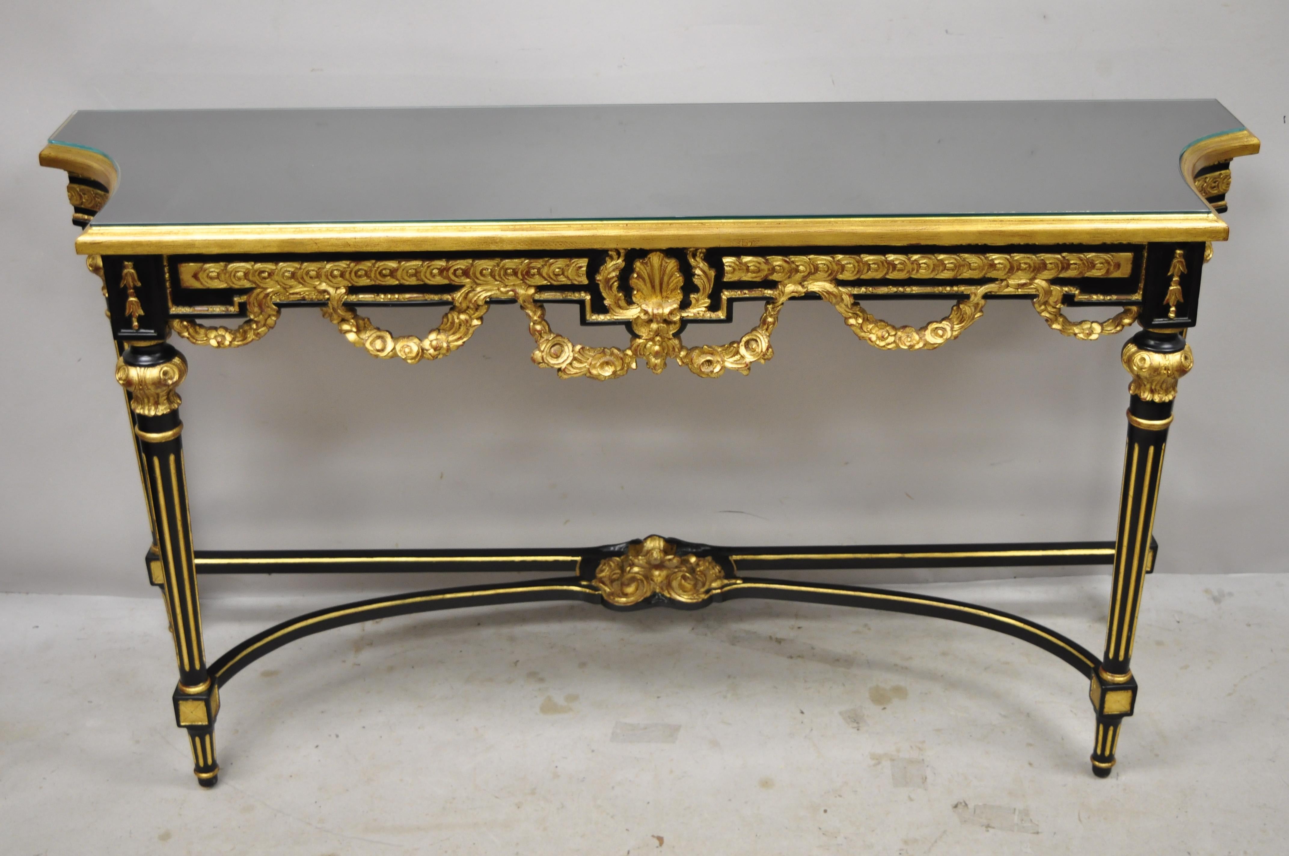 Labarge French Louis XVI Italian Black Lacquer Gold Gilt Jansen Console Table For Sale 4