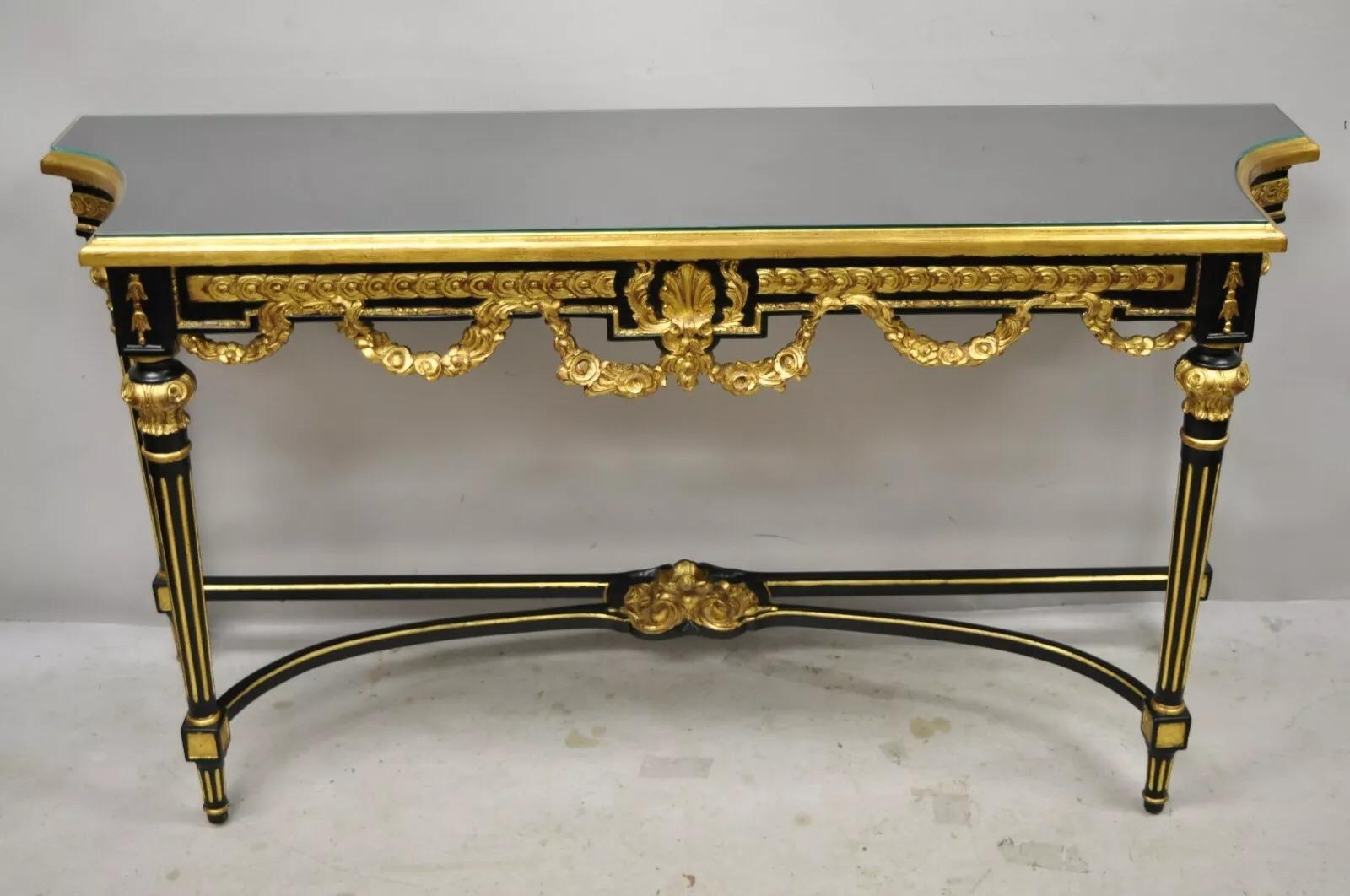 Labarge French Louis XVI Italian Black Lacquer Gold Gilt Jansen Console Table For Sale 5