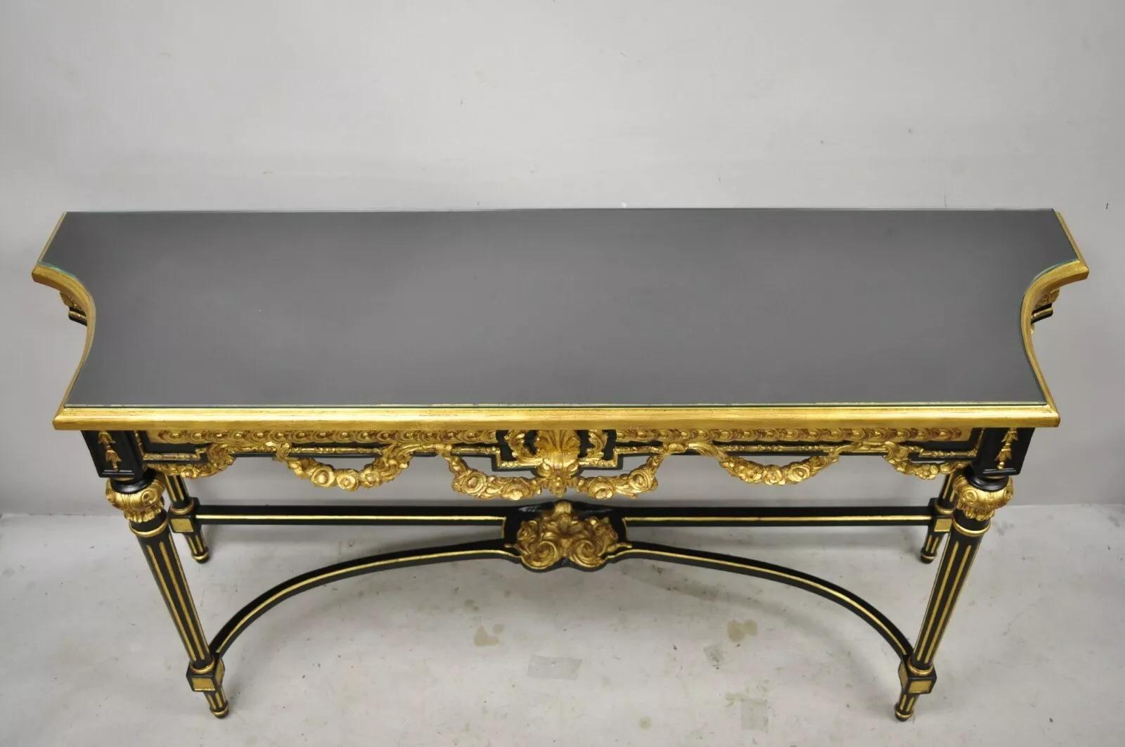 Labarge French Louis XVI Style Italian Black Lacquer Gold Gilt Jansen Style Console Sofa Hall Table. Item features a custom glass top, gold gilt details, black lacquer finish, solid wood construction, nicely carved details, tapered legs, quality