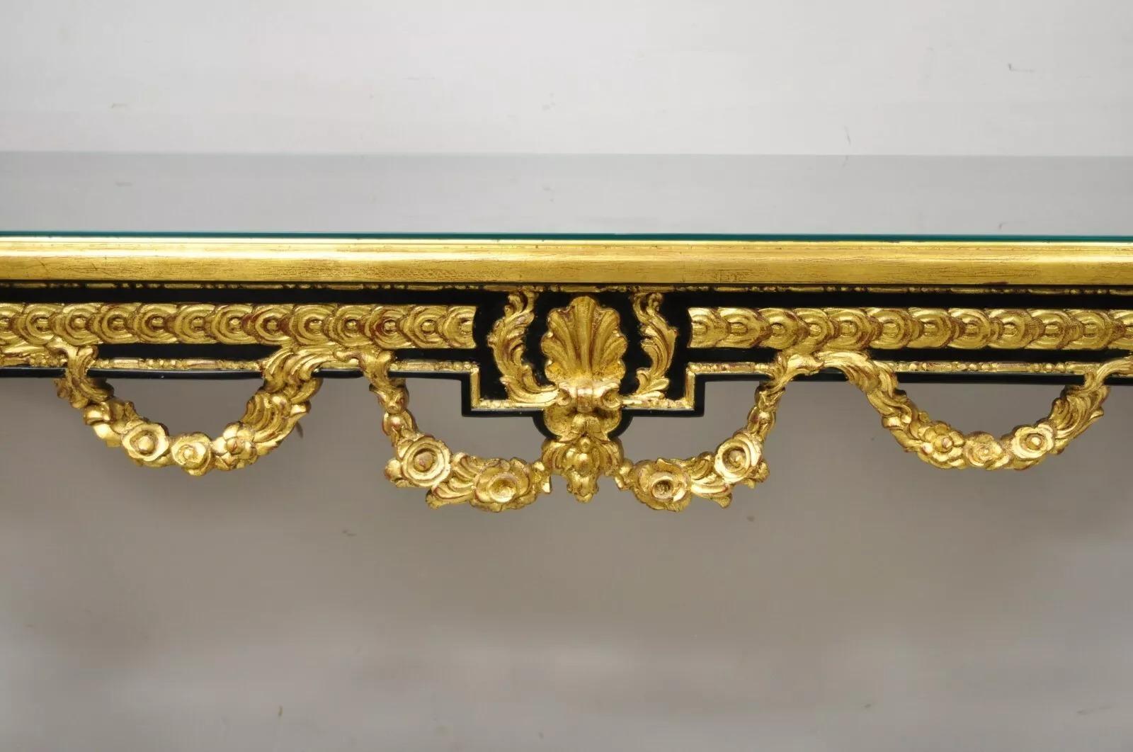 Other Labarge French Louis XVI Italian Black Lacquer Gold Gilt Jansen Console Table For Sale