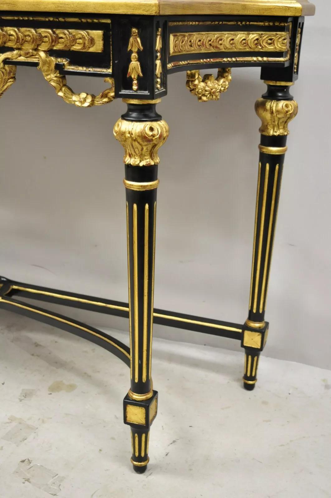 Labarge French Louis XVI Italian Black Lacquer Gold Gilt Jansen Console Table In Good Condition For Sale In Philadelphia, PA