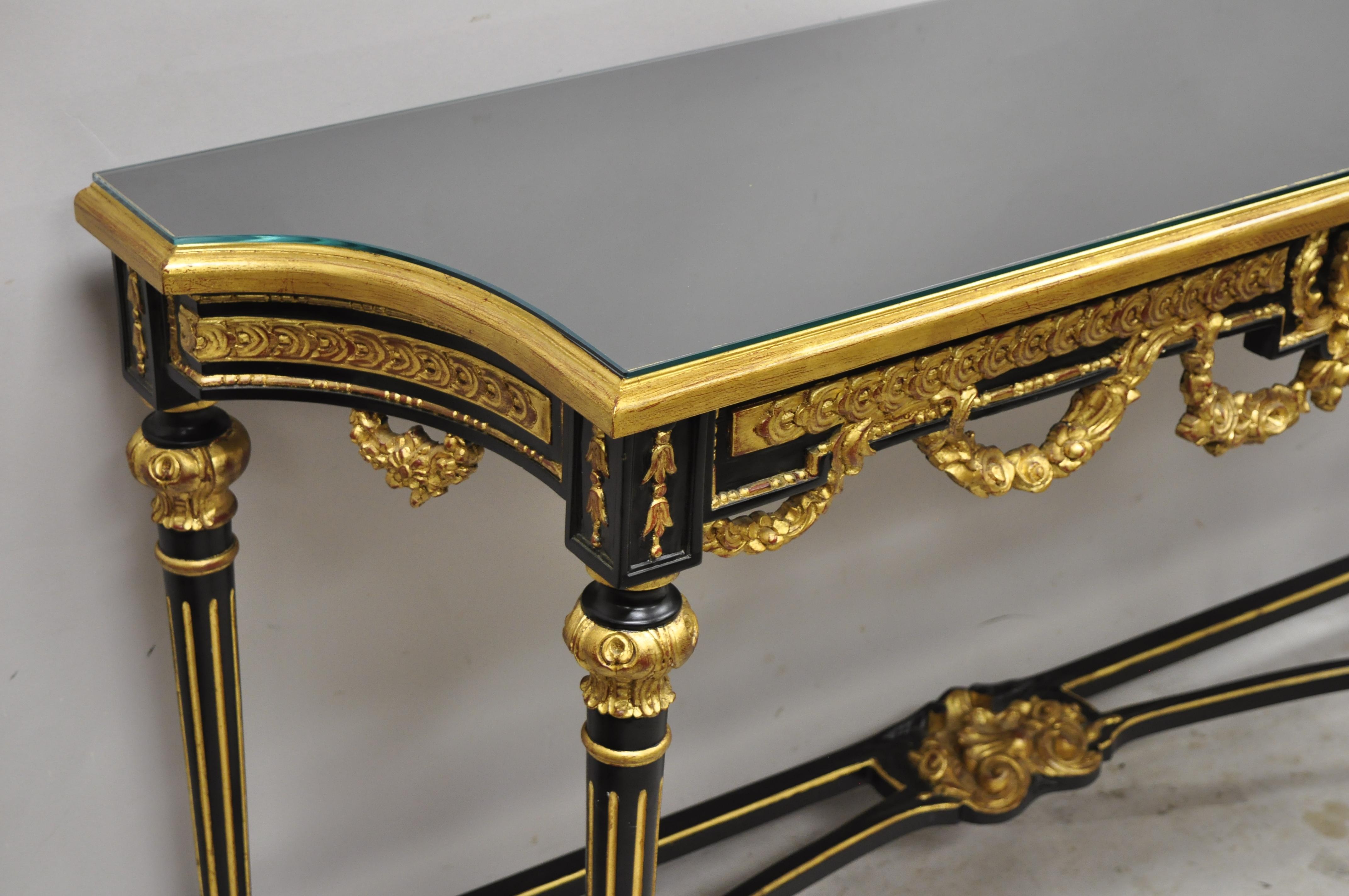 Labarge French Louis XVI Italian Black Lacquer Gold Gilt Jansen Console Table In Good Condition In Philadelphia, PA