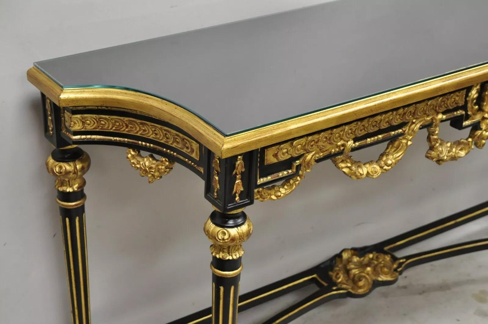20th Century Labarge French Louis XVI Italian Black Lacquer Gold Gilt Jansen Console Table For Sale