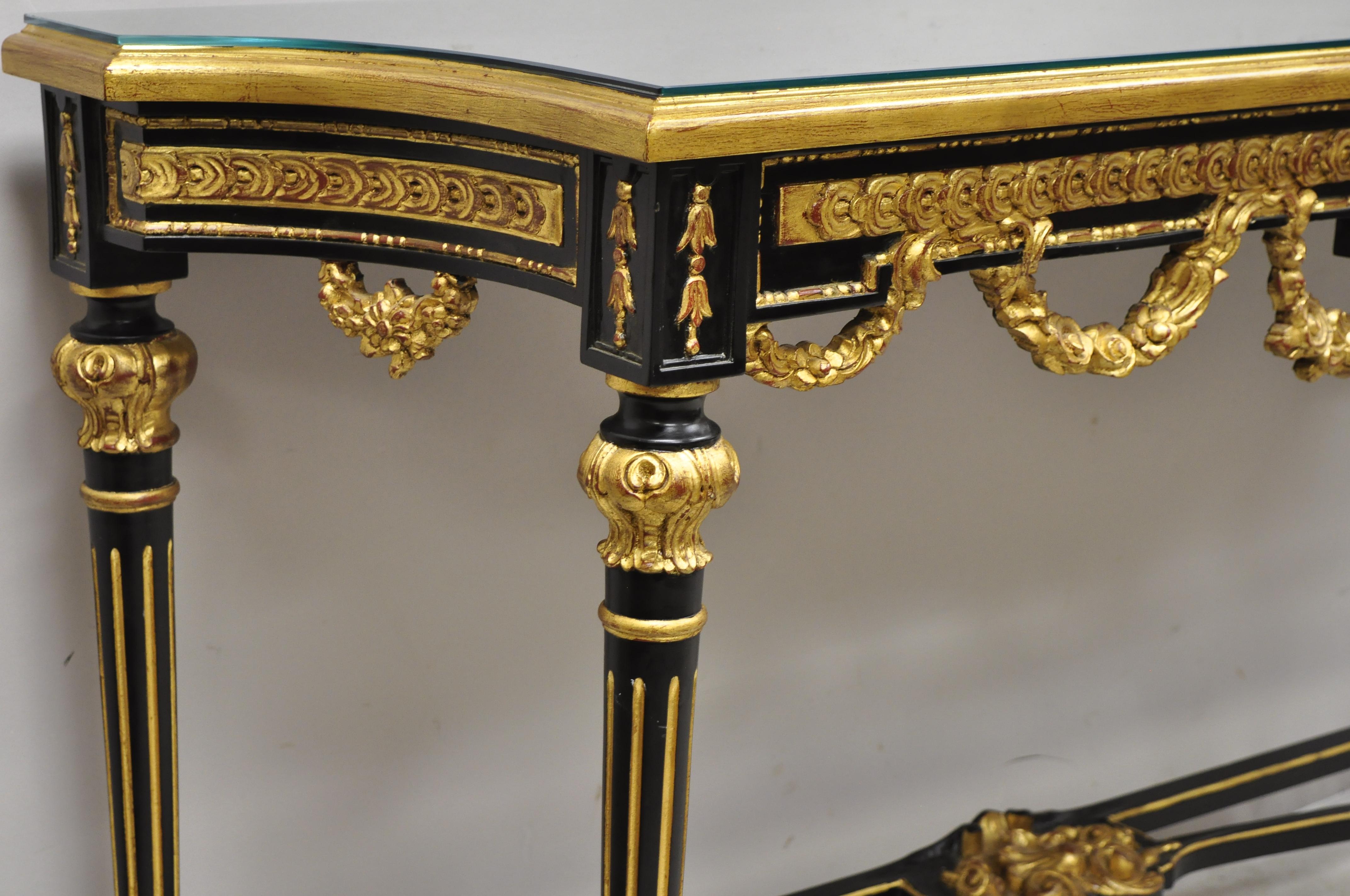 Contemporary Labarge French Louis XVI Italian Black Lacquer Gold Gilt Jansen Console Table For Sale