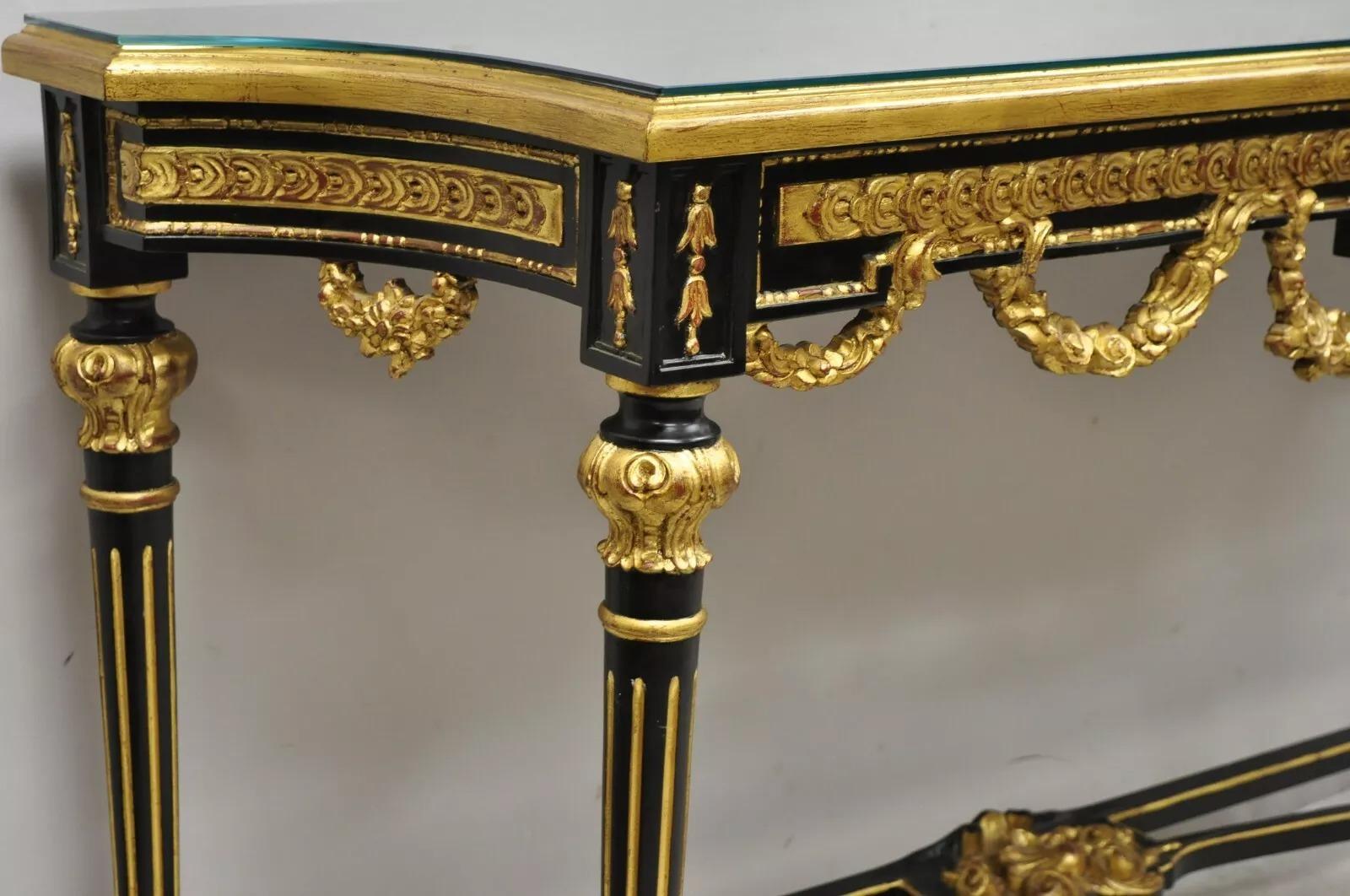 Glass Labarge French Louis XVI Italian Black Lacquer Gold Gilt Jansen Console Table For Sale