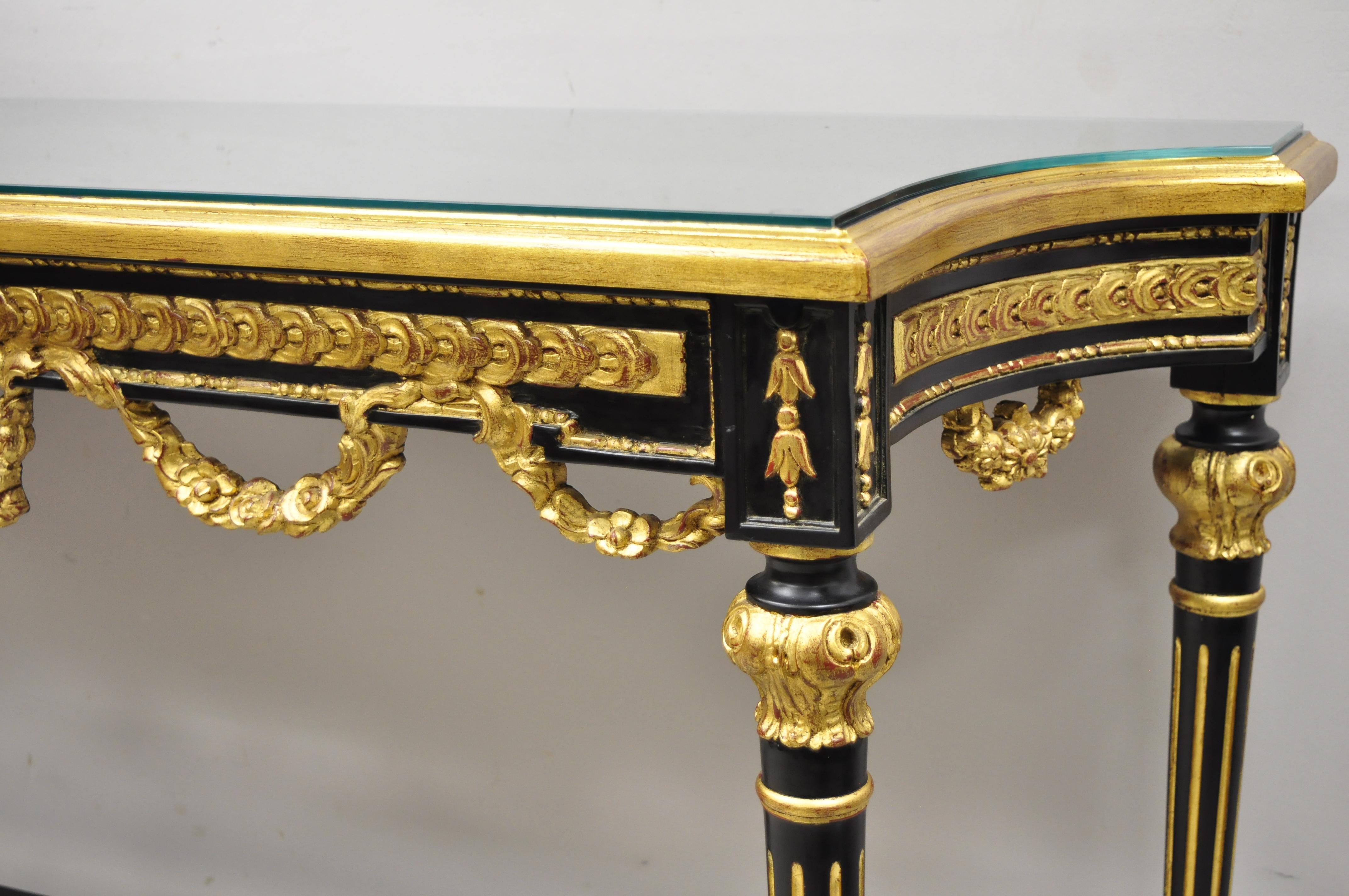 Glass Labarge French Louis XVI Italian Black Lacquer Gold Gilt Jansen Console Table For Sale