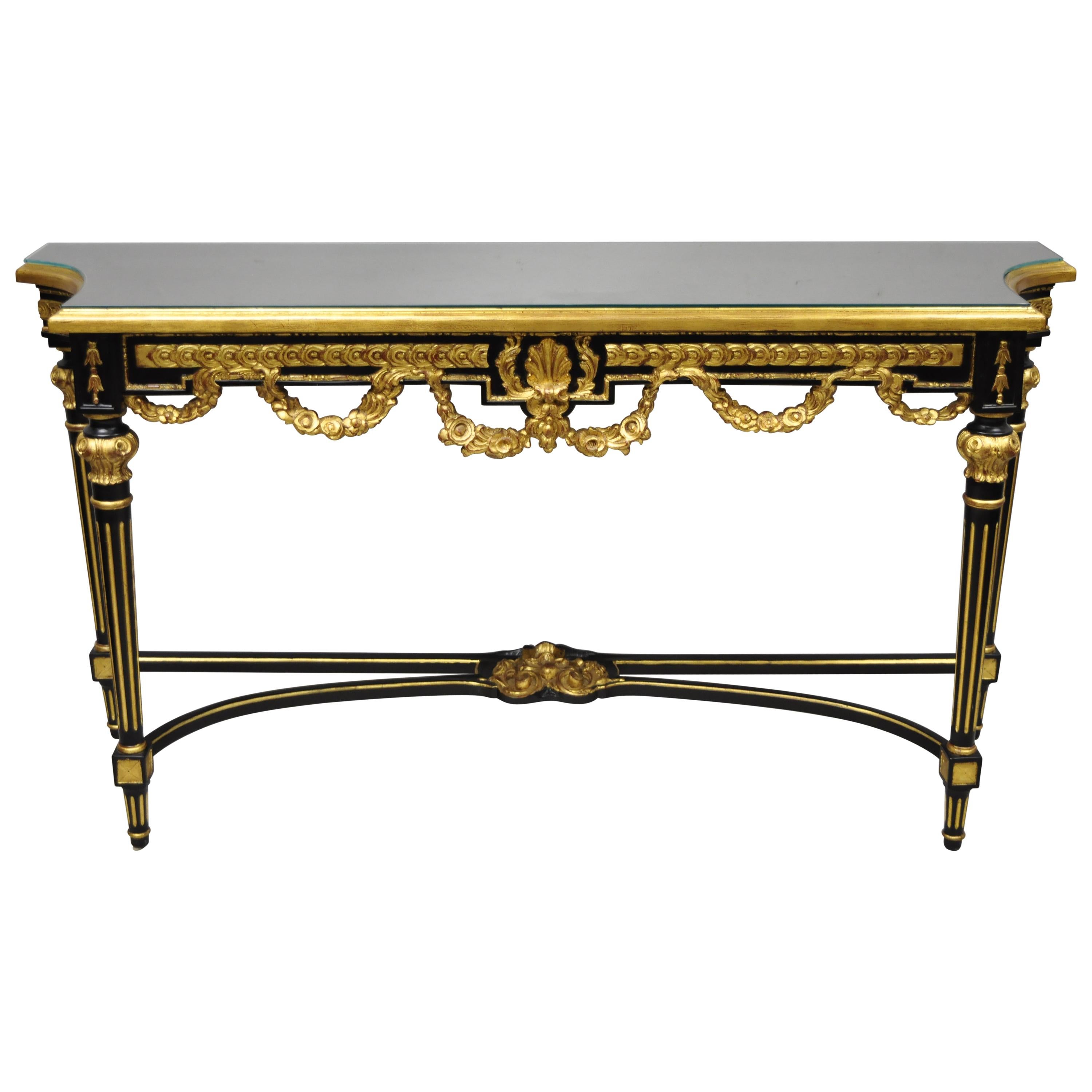 Labarge French Louis XVI Italian Black Lacquer Gold Gilt Jansen Console Table For Sale