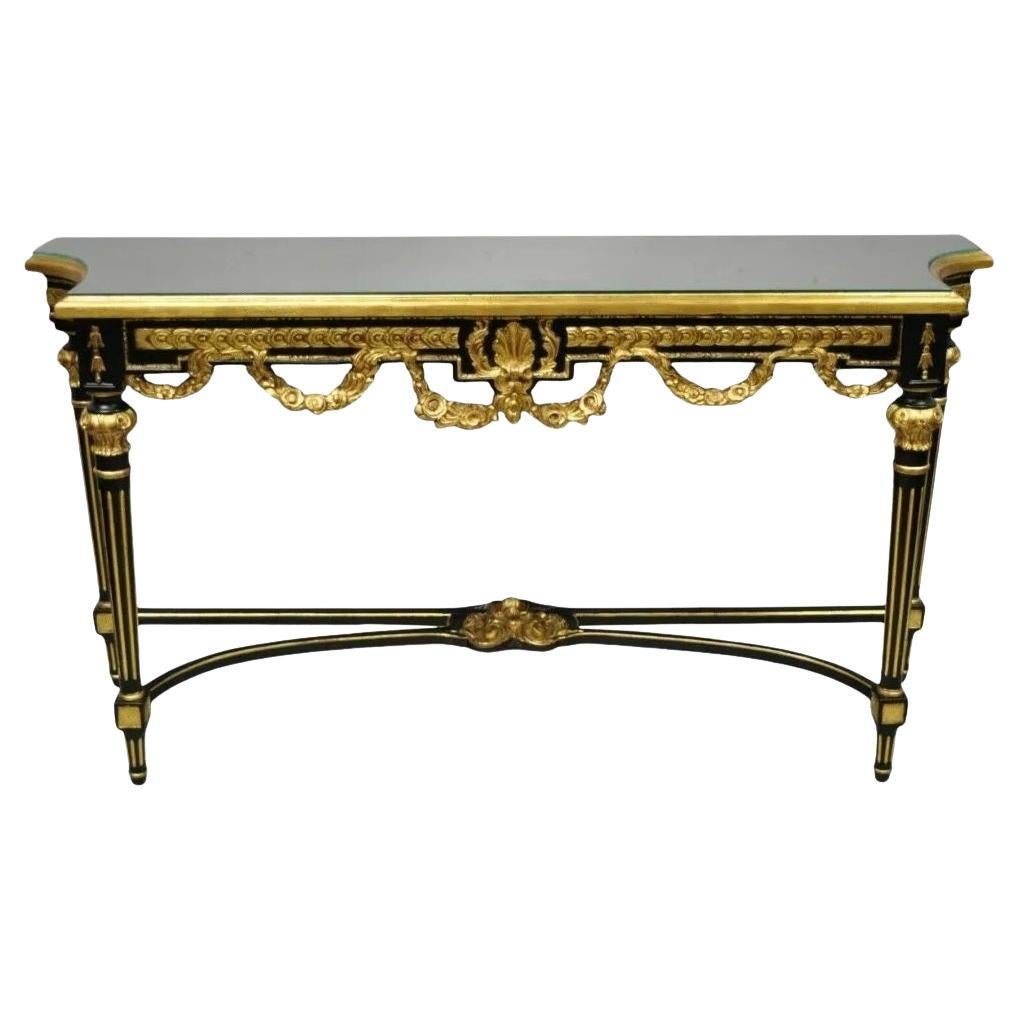 Labarge French Louis XVI Italian Black Lacquer Gold Gilt Jansen Console Table For Sale