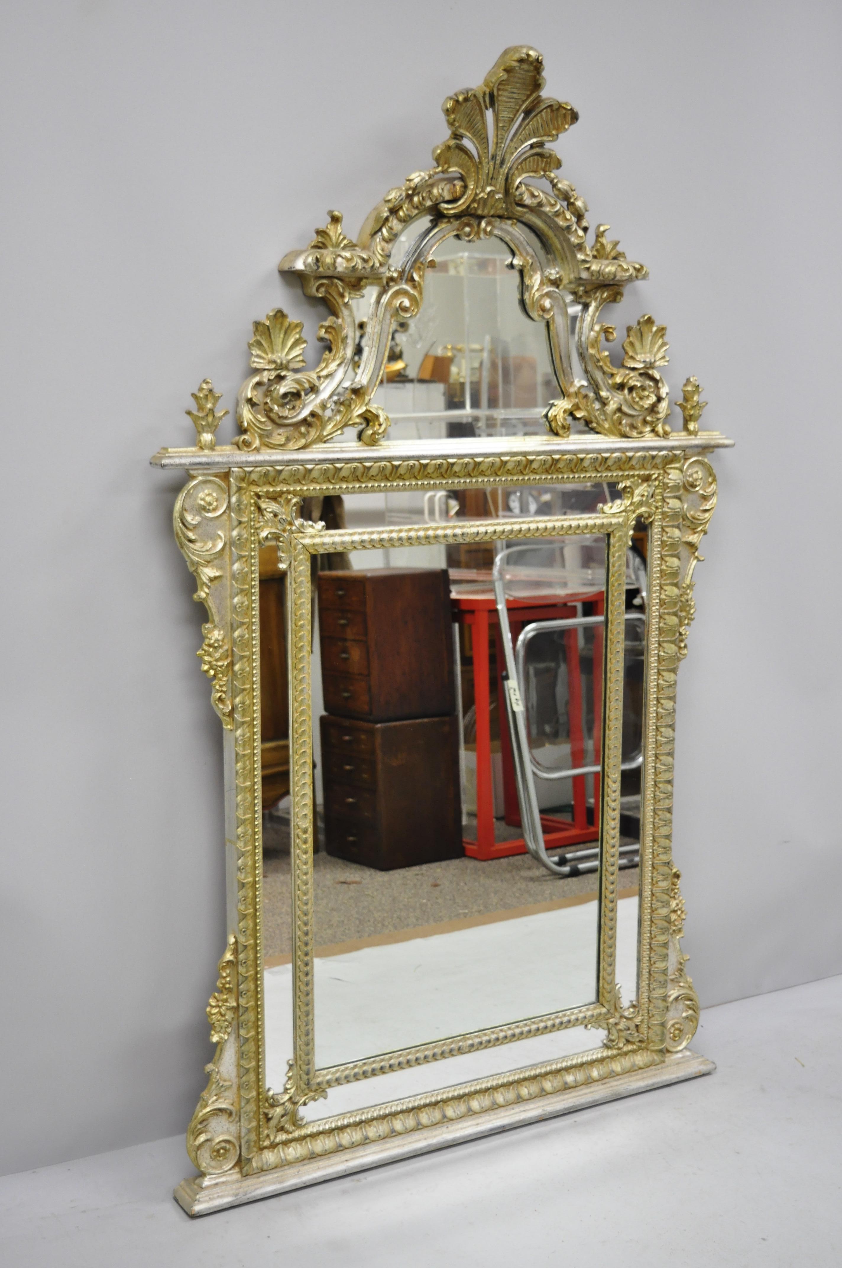 Labarge French Rococo Louis XV style silver giltwood Trumeau console mirror. Item features large giltwood frame, silver gilt finish, ornate carved scrollwork, original label, great style and form, circa late 20th century. Measurements: 62