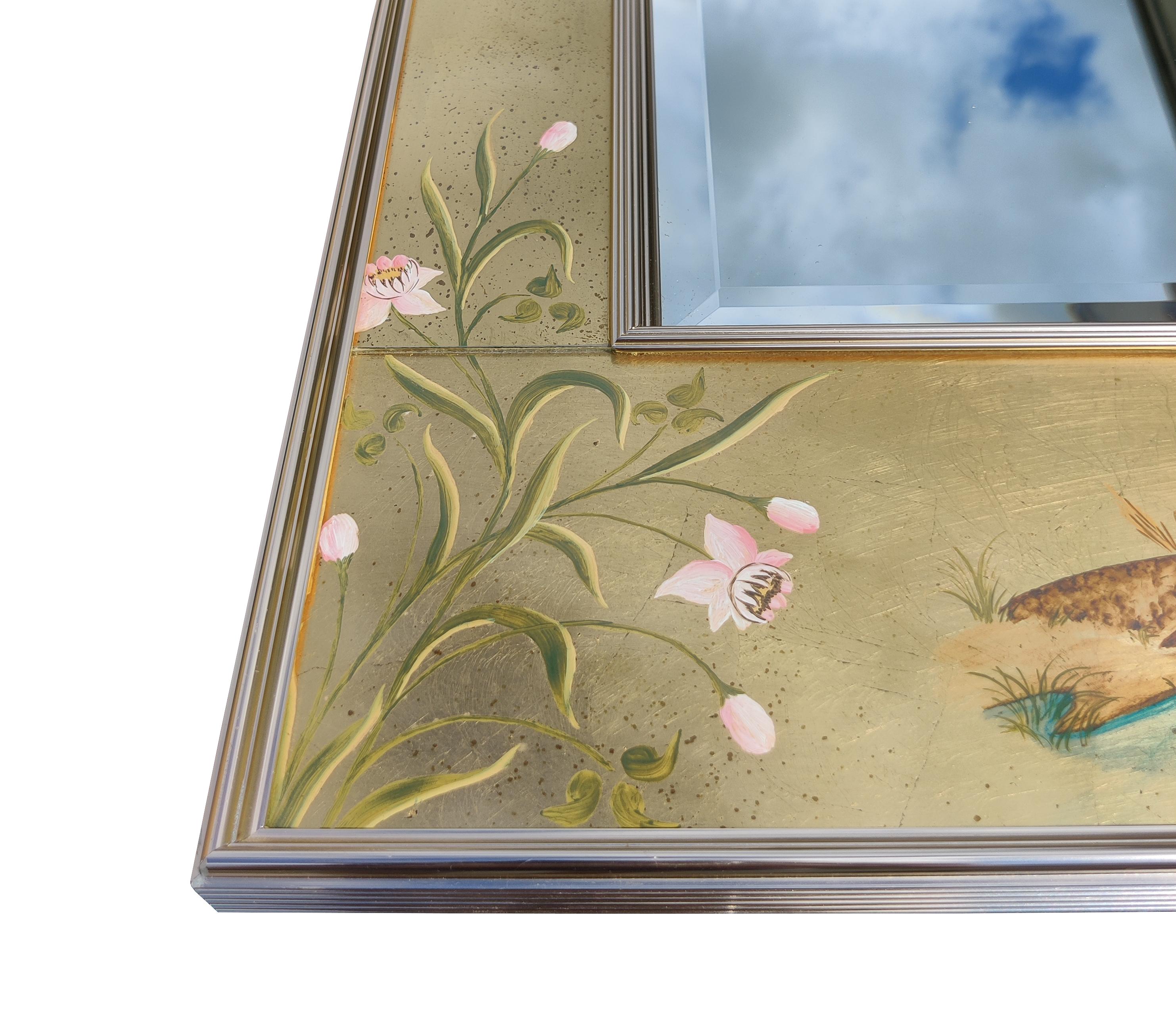 LaBarge Gold Leaf & Reverse Painted Chinoiserie Style Glass & Aluminum Mirror In Good Condition For Sale In Philadelphia, PA