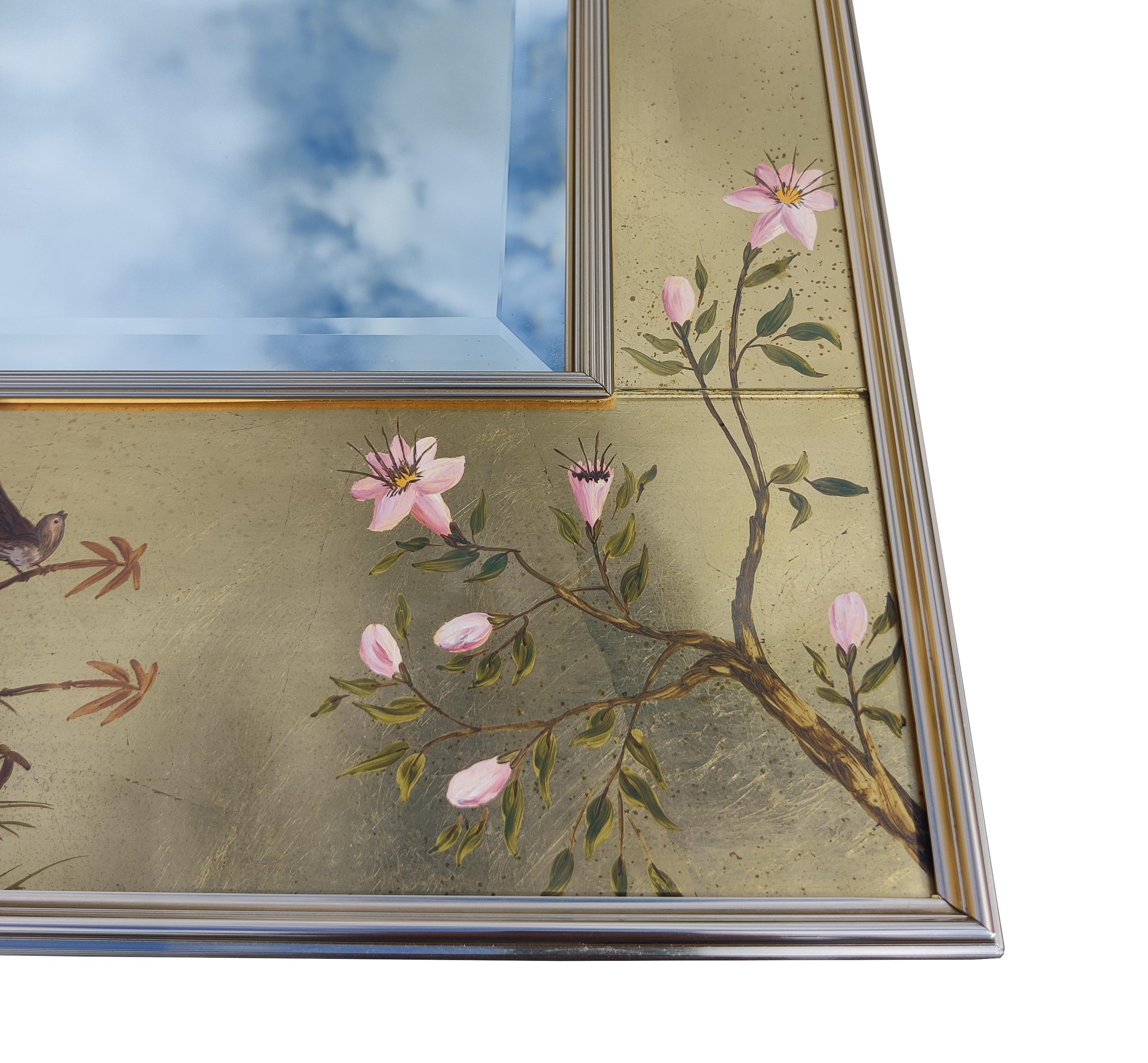LaBarge Gold Leaf & Reverse Painted Chinoiserie Style Glass & Aluminum Mirror For Sale 1