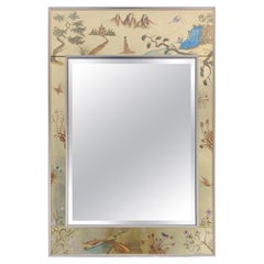 LaBarge Gold Leaf & Reverse Painted Chinoiserie Style Glass & Aluminum Mirror