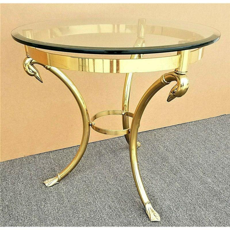 Offering one of our recent Palm Beach Estate Fine Furniture Acquisitions of a 
Labarge Gueridon Style Hollywood Regency brass beveled glass and swans side end table.

Approximate measurements in inches: 
Beveled glass top is 1/4