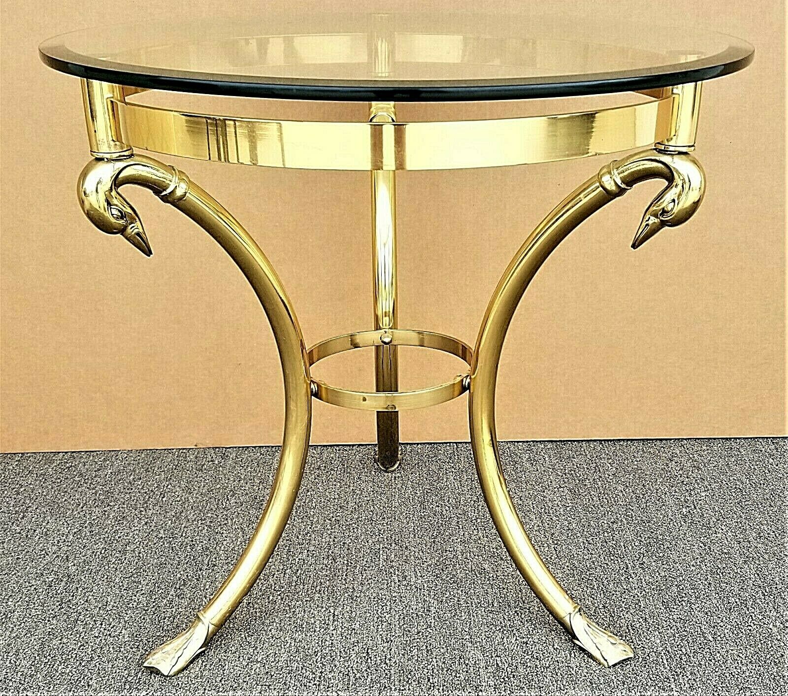 Labarge Gueridon Style Hollywood Regency Brass Glass Swans Side End Table