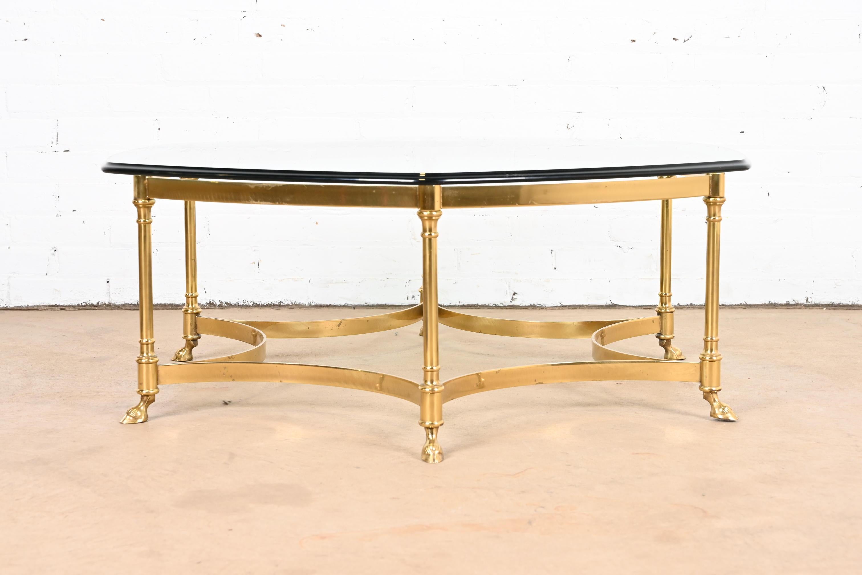 Labarge Hollywood Regency Brass and Glass Hooved Feet Cocktail Table, 1960s For Sale 5