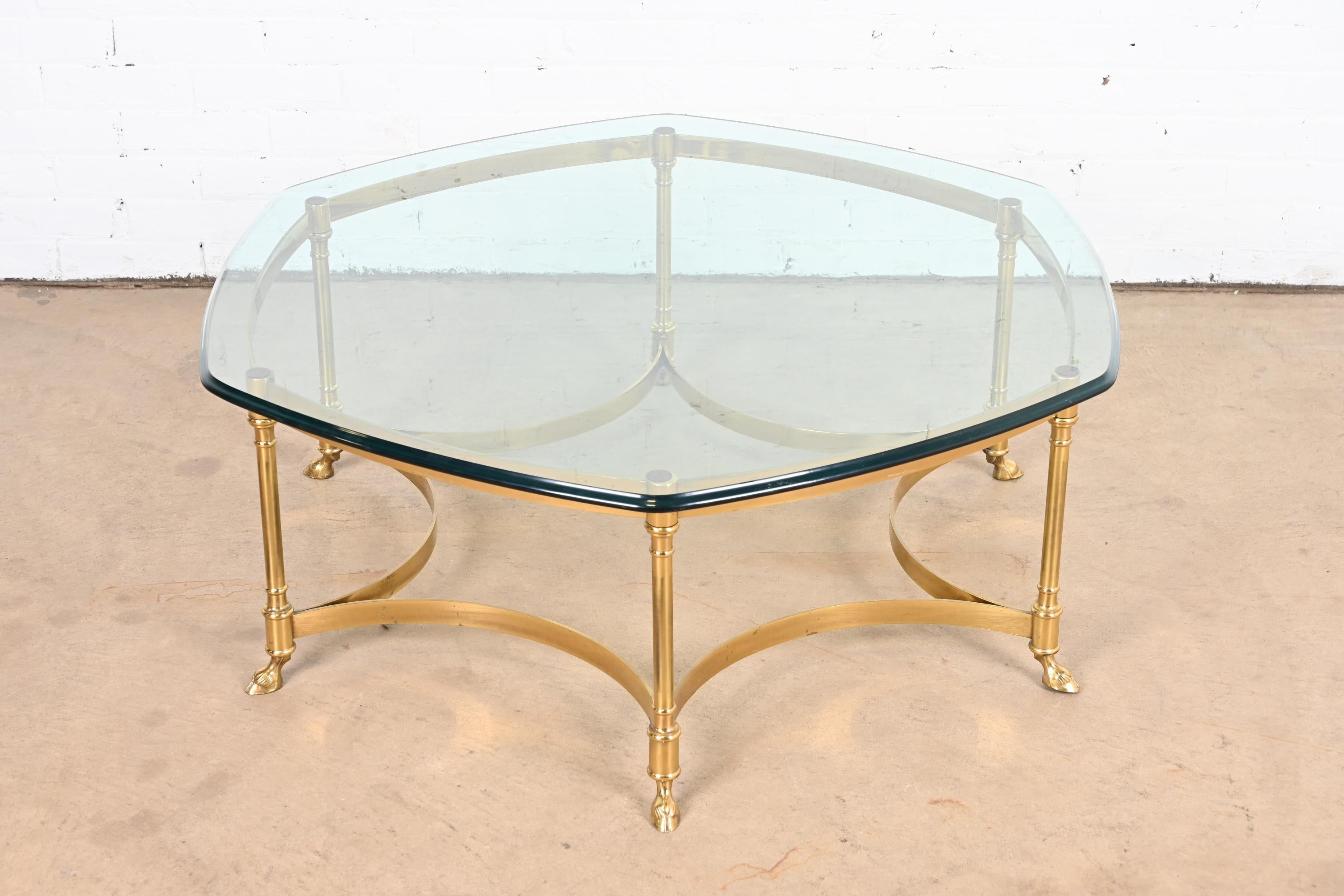 Labarge Hollywood Regency Brass and Glass Hooved Feet Cocktail Table, 1960s For Sale 6