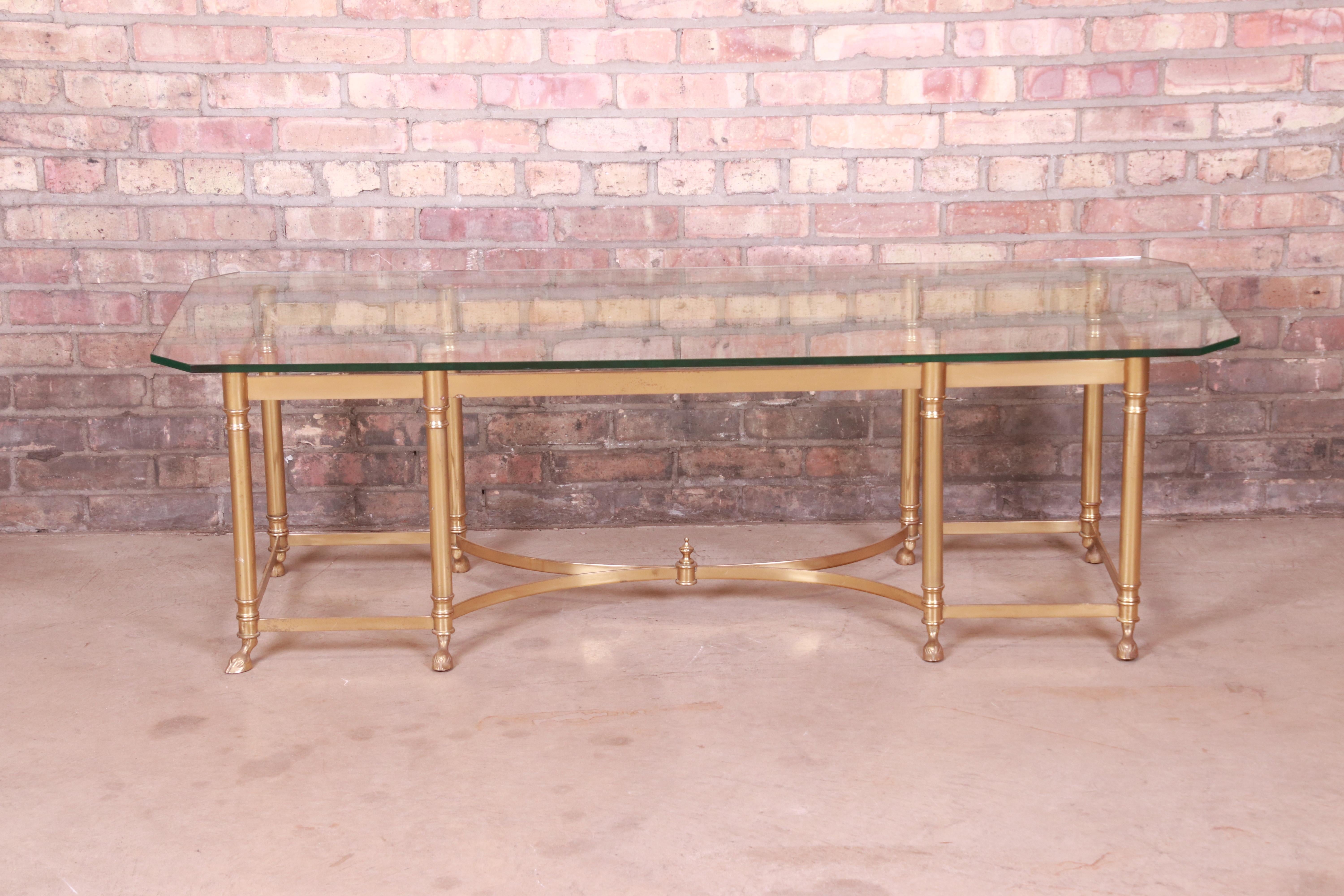Mid-Century Modern Labarge Hollywood Regency Brass and Glass Hooved Feet Cocktail Table, 1960s