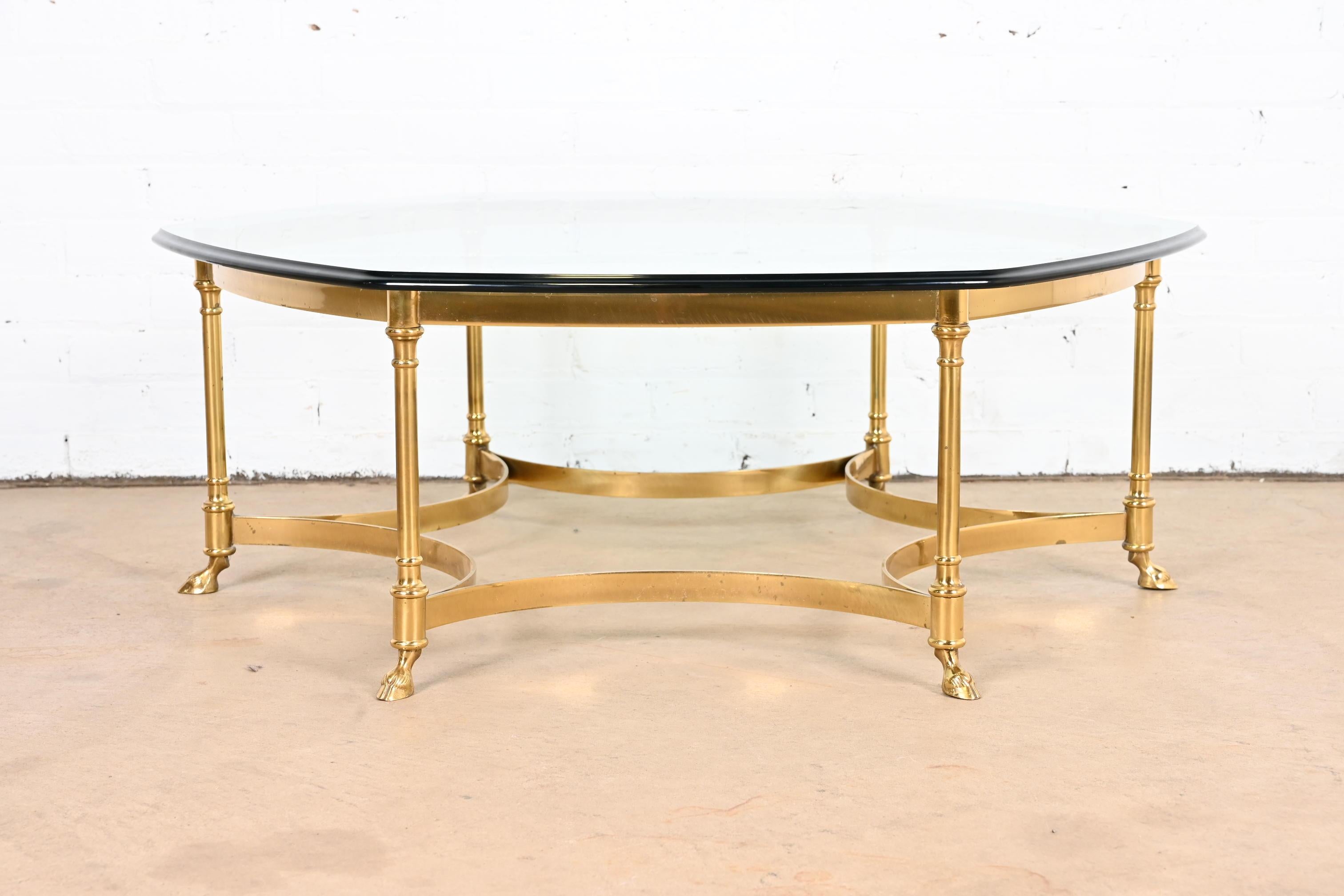 Mid-Century Modern Labarge Hollywood Regency Brass and Glass Hooved Feet Cocktail Table, 1960s For Sale