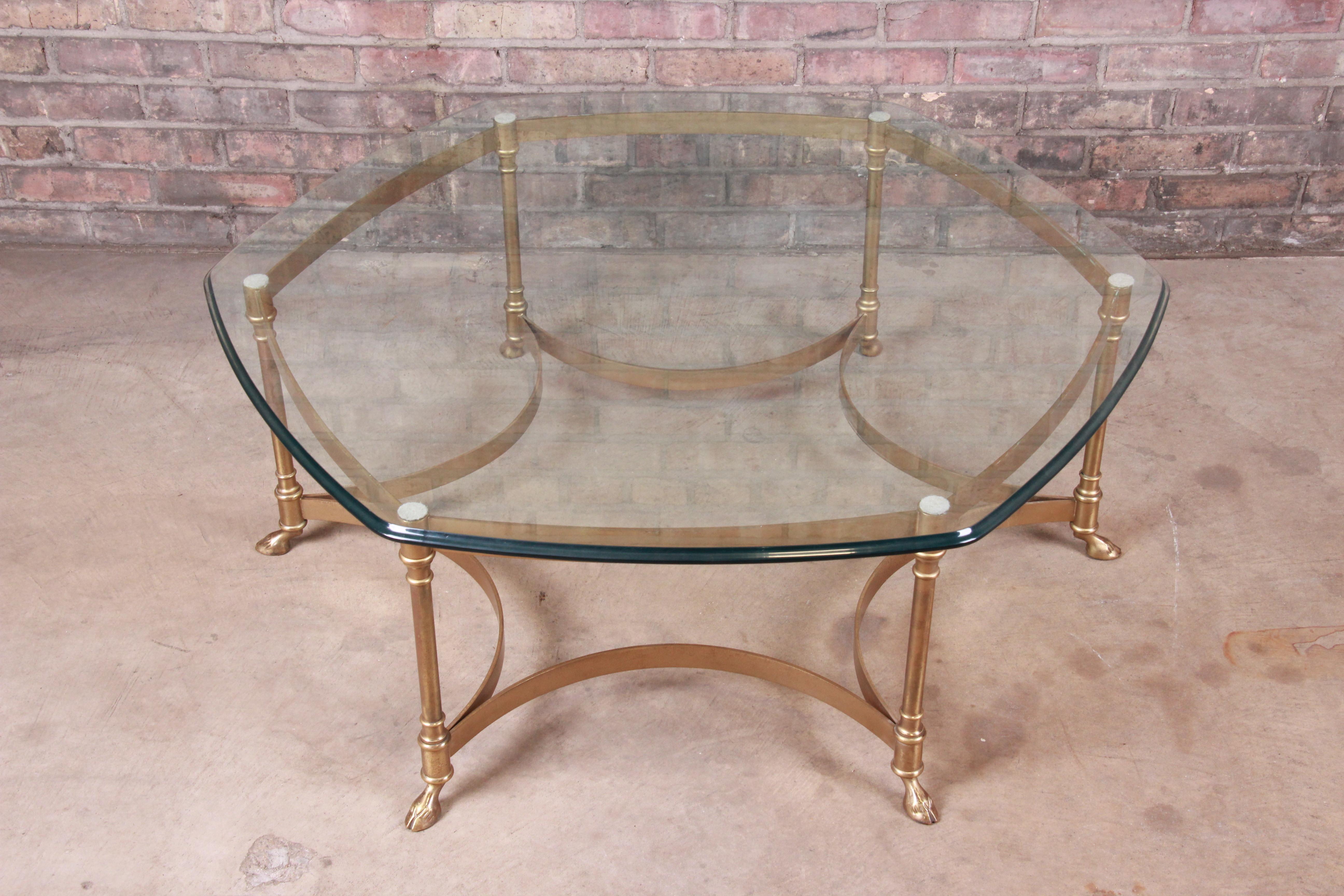 American Labarge Hollywood Regency Brass and Glass Hooved Feet Cocktail Table, 1960s For Sale