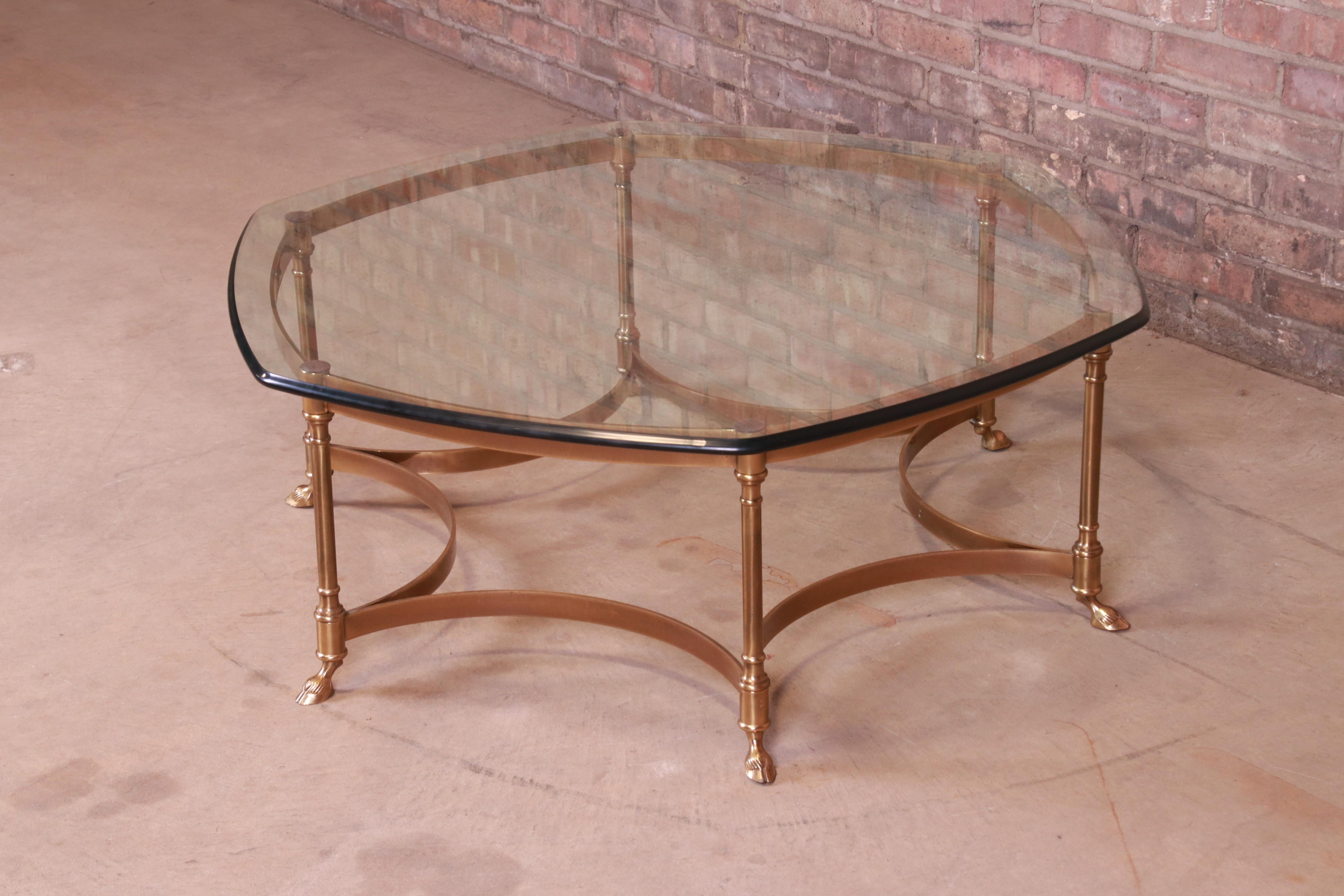 Beveled Labarge Hollywood Regency Brass and Glass Hooved Feet Cocktail Table, 1960s For Sale