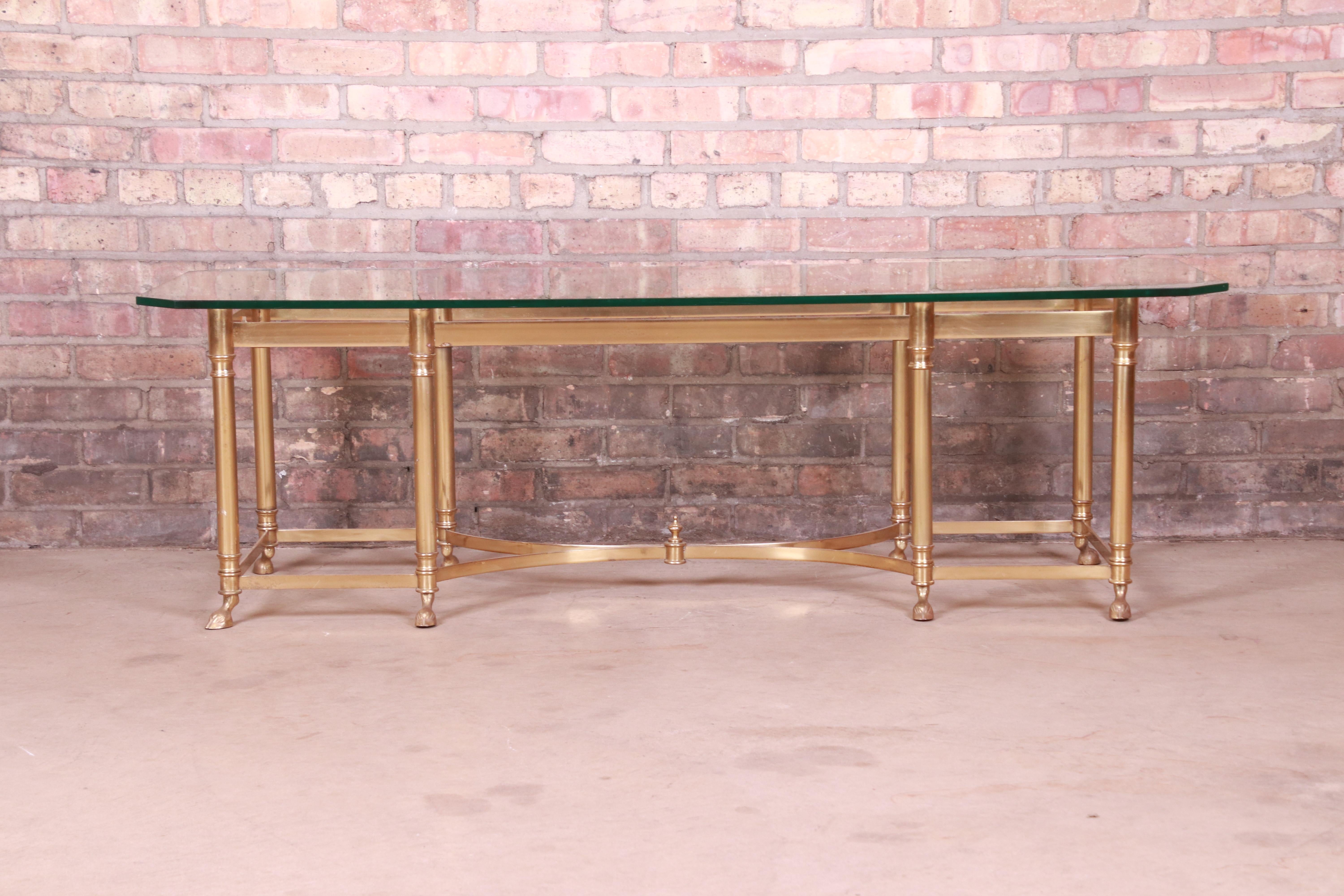 Italian Labarge Hollywood Regency Brass and Glass Hooved Feet Cocktail Table, 1960s