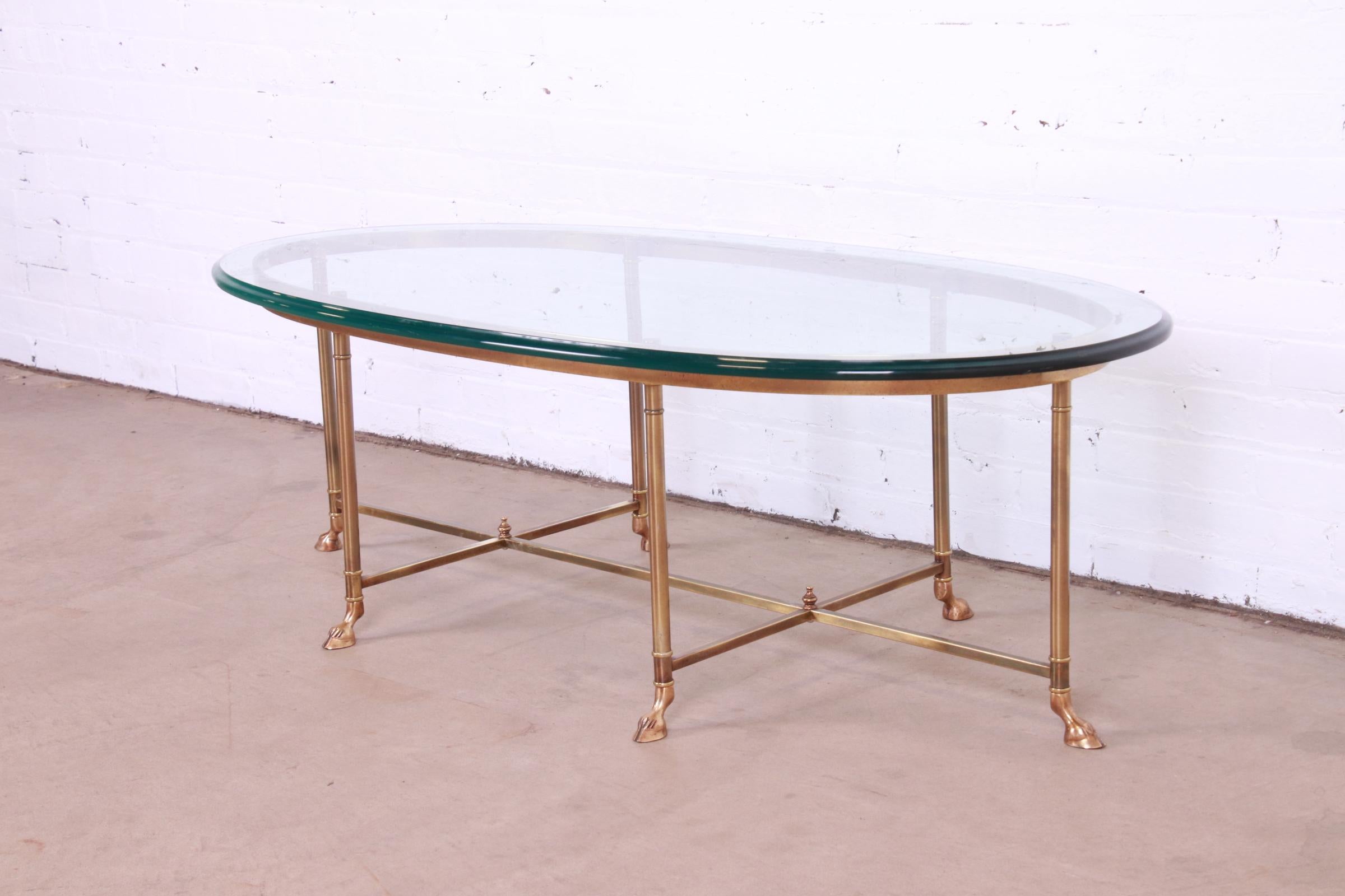 Labarge Hollywood Regency Brass and Glass Hooved Feet Cocktail Table, 1960s In Good Condition In South Bend, IN