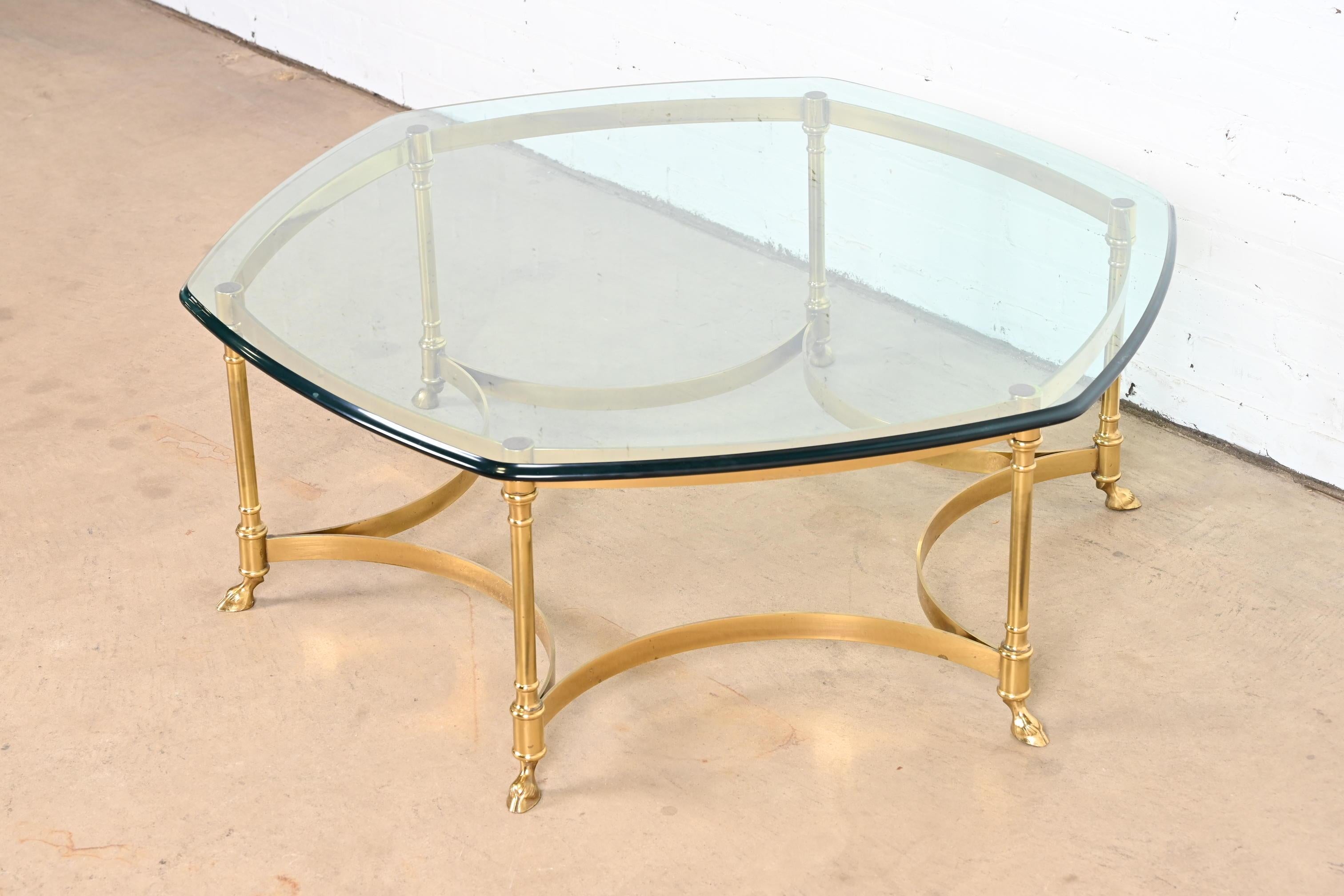 Labarge Hollywood Regency Brass and Glass Hooved Feet Cocktail Table, 1960s In Good Condition For Sale In South Bend, IN