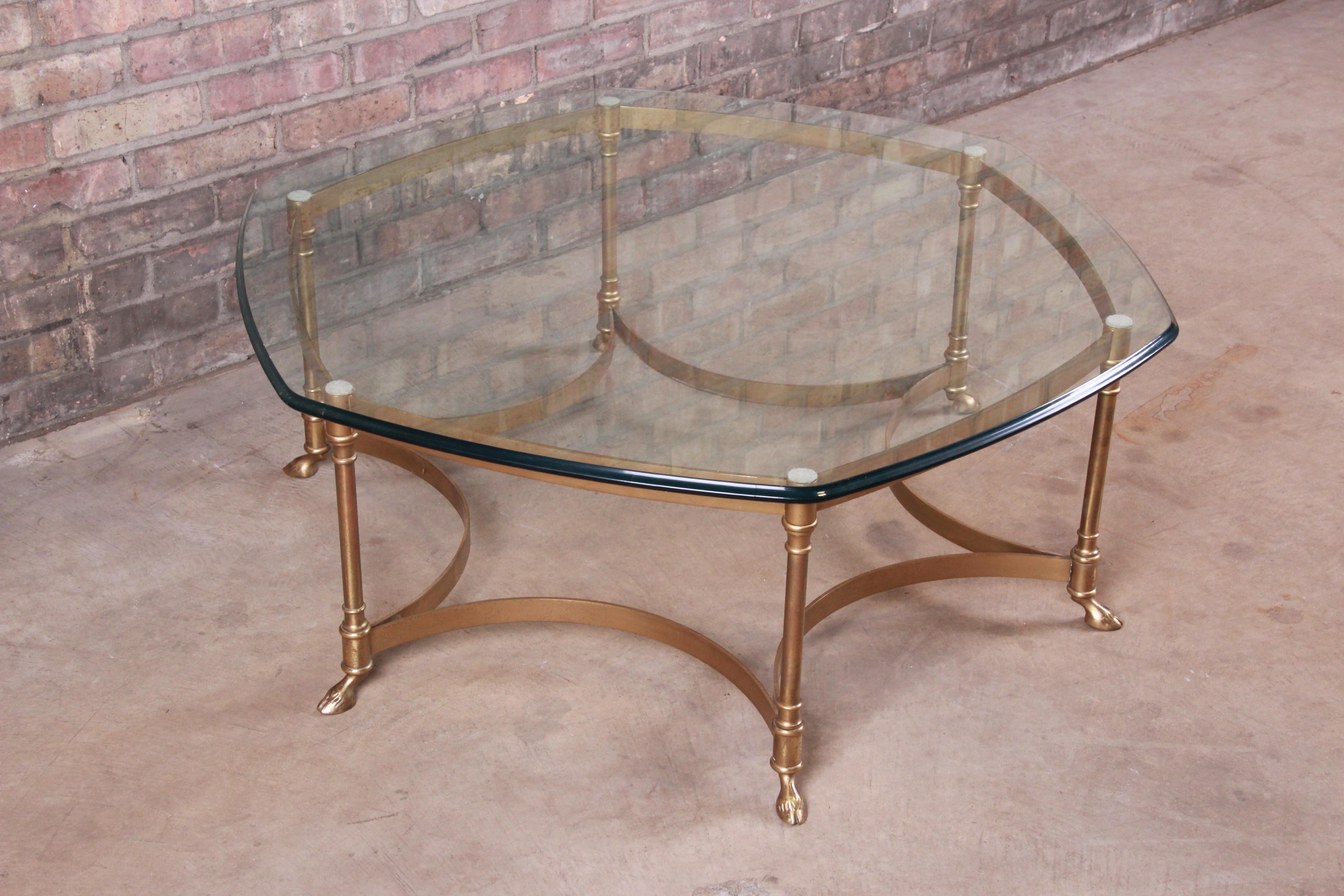 Labarge Hollywood Regency Brass and Glass Hooved Feet Cocktail Table, 1960s In Good Condition For Sale In South Bend, IN