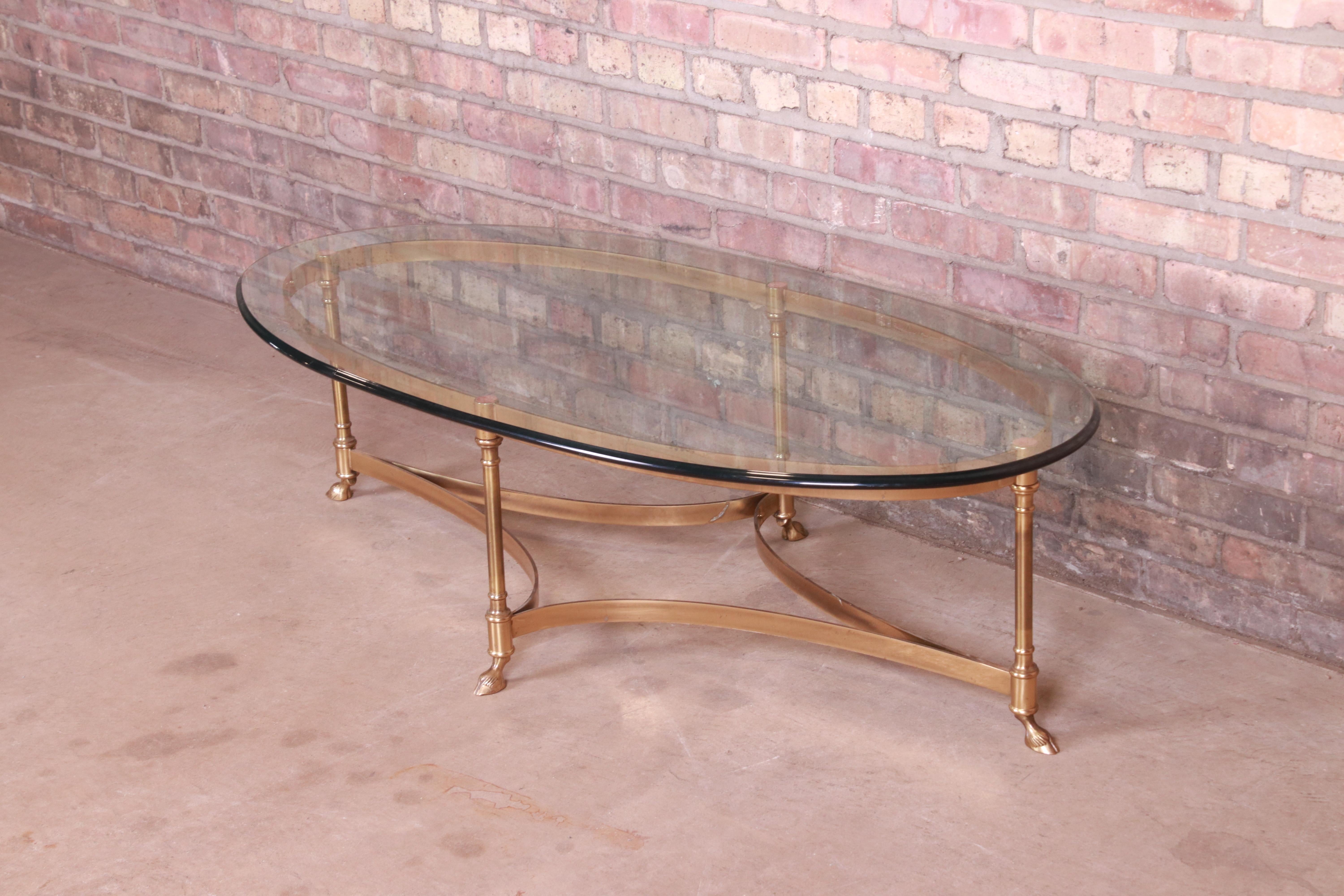 Beveled Labarge Hollywood Regency Brass and Glass Hooved Feet Cocktail Table, 1960s