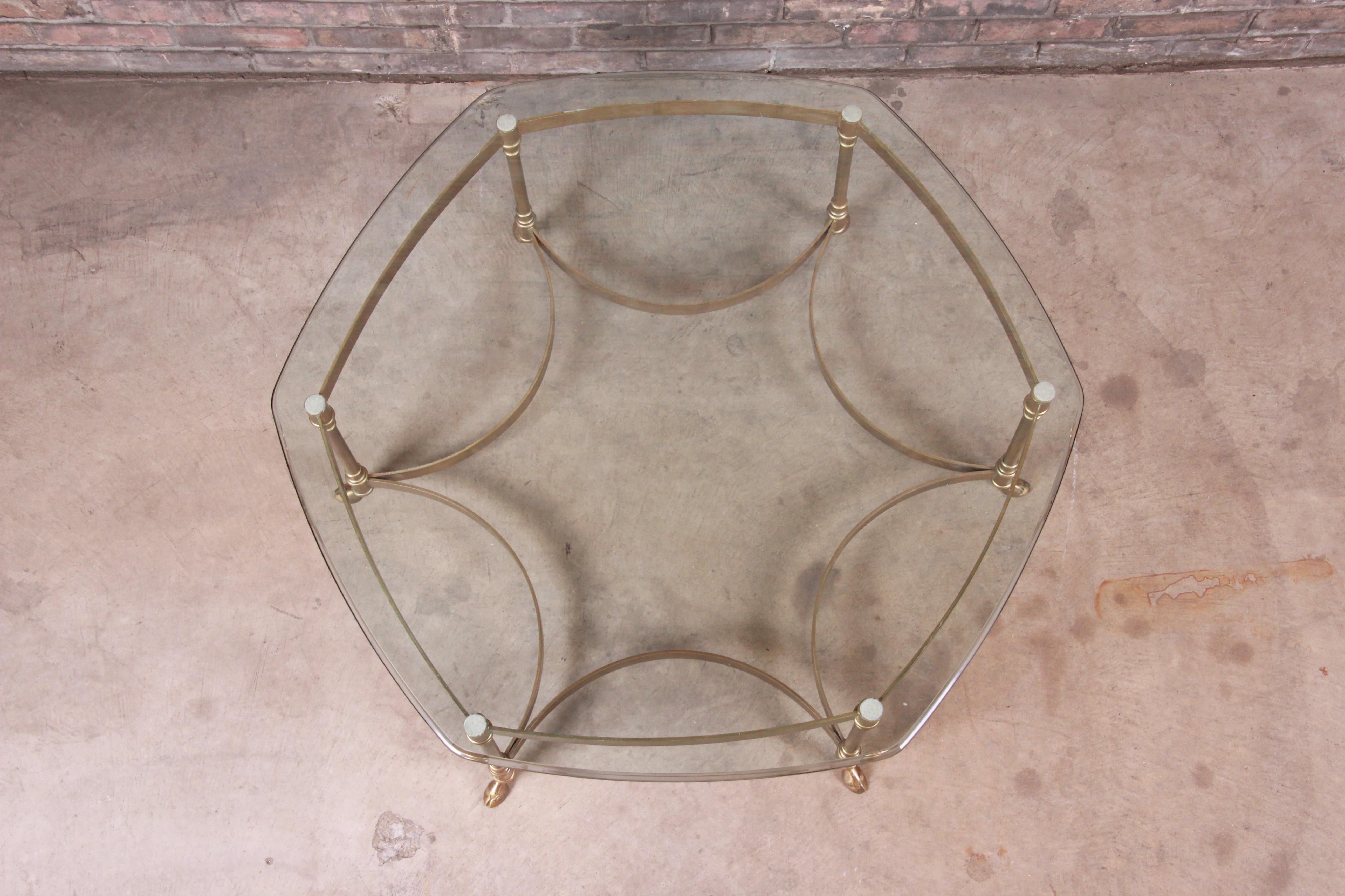 20th Century Labarge Hollywood Regency Brass and Glass Hooved Feet Cocktail Table, 1960s For Sale
