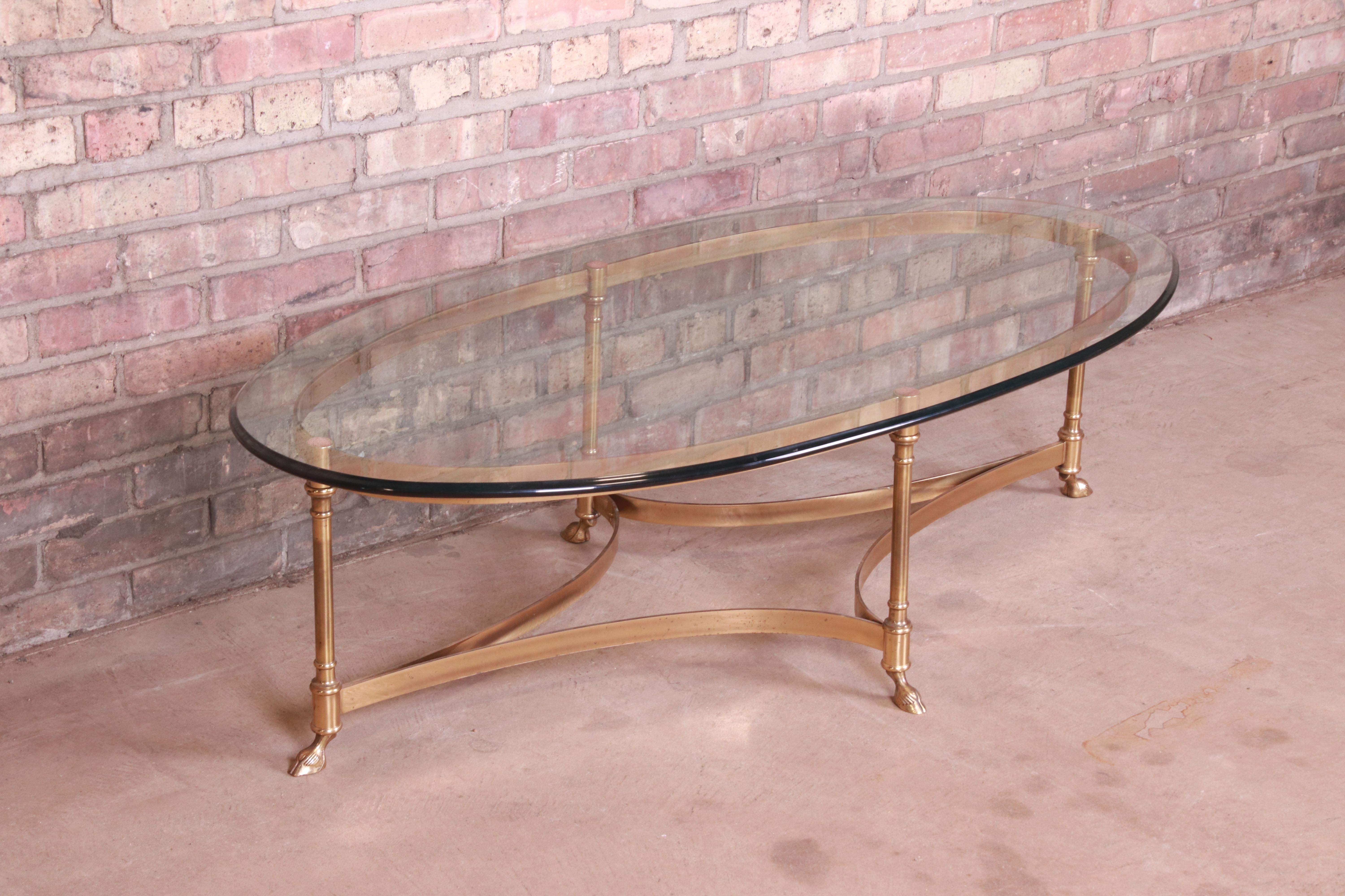 Labarge Hollywood Regency Brass and Glass Hooved Feet Cocktail Table, 1960s In Good Condition In South Bend, IN