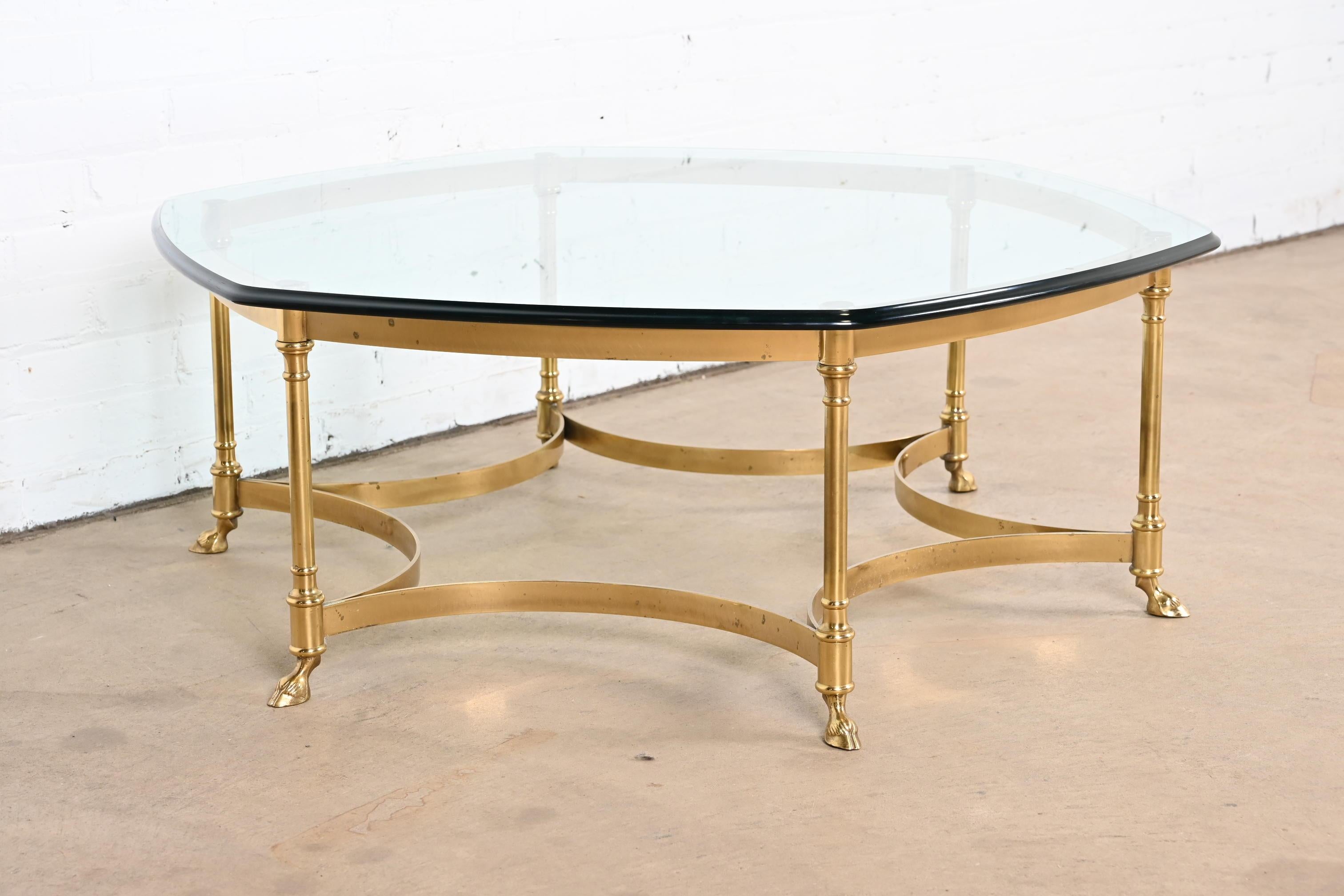 Labarge Hollywood Regency Brass and Glass Hooved Feet Cocktail Table, 1960s For Sale 1