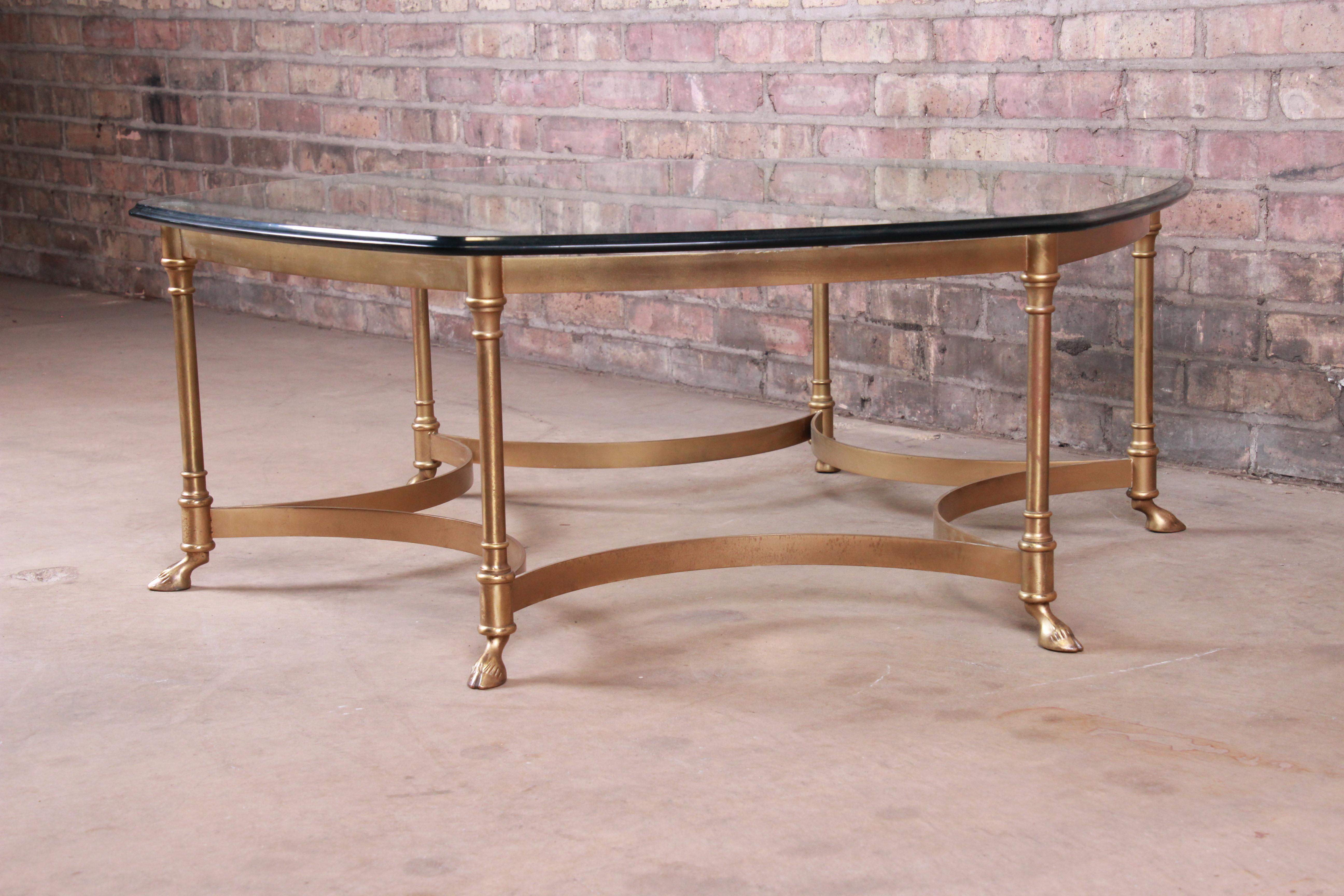 Labarge Hollywood Regency Brass and Glass Hooved Feet Cocktail Table, 1960s For Sale 1