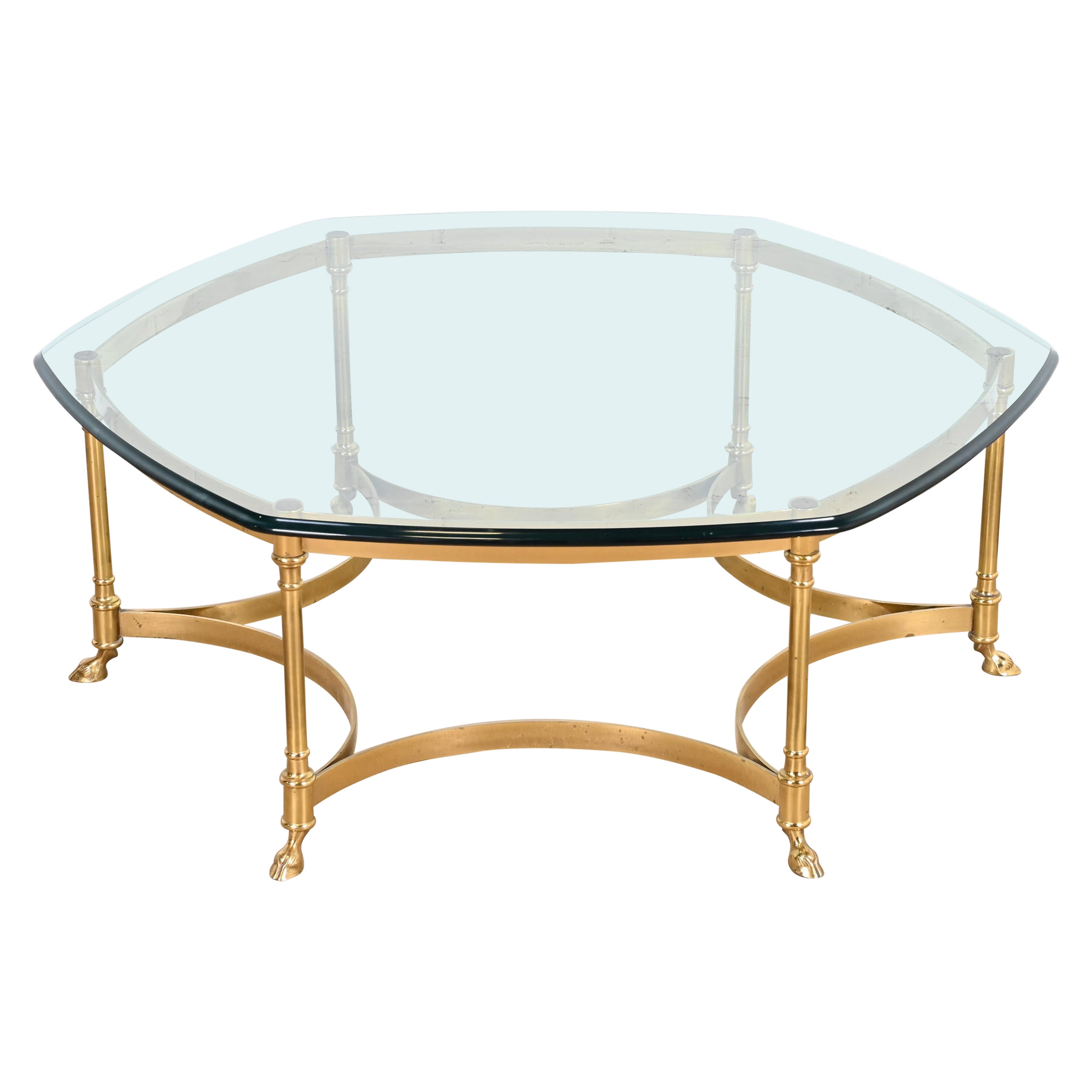 Labarge Hollywood Regency Brass and Glass Hooved Feet Cocktail Table, 1960s