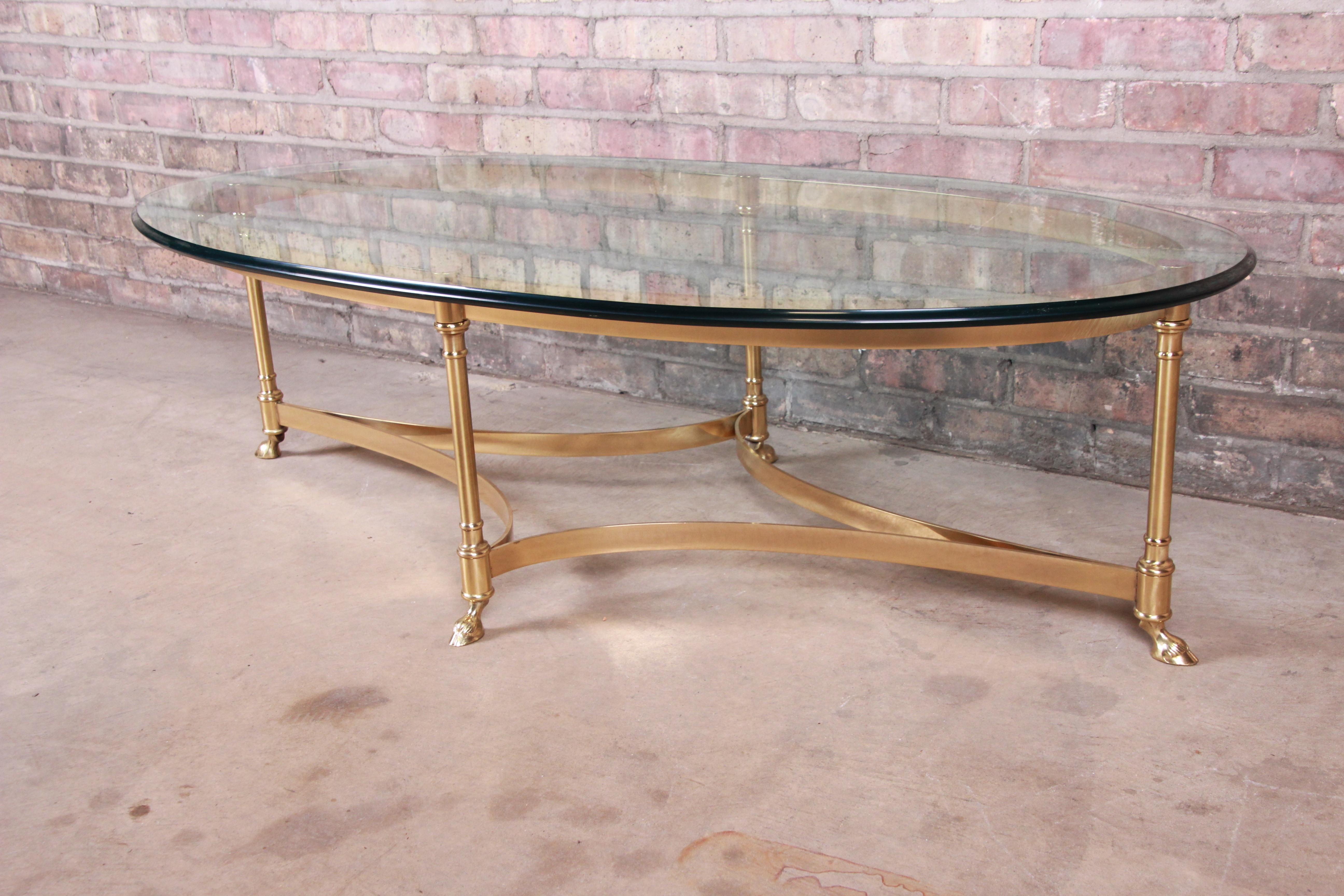 Labarge Hollywood Regency Brass and Glass Hooved Feet Cocktail Table In Good Condition In South Bend, IN