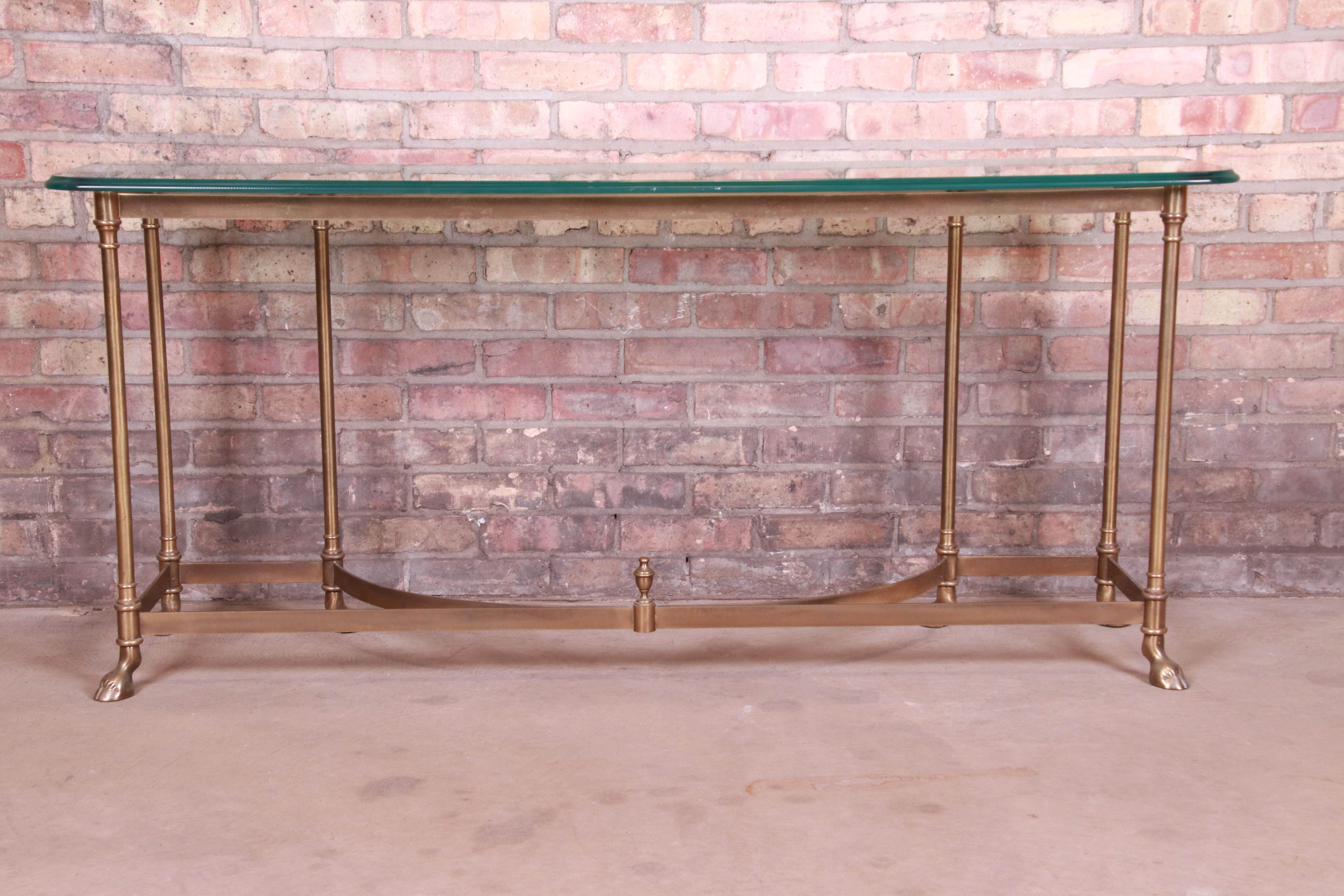 Labarge Hollywood Regency Brass and Glass Hooved Feet Console Table, circa 1960s 5