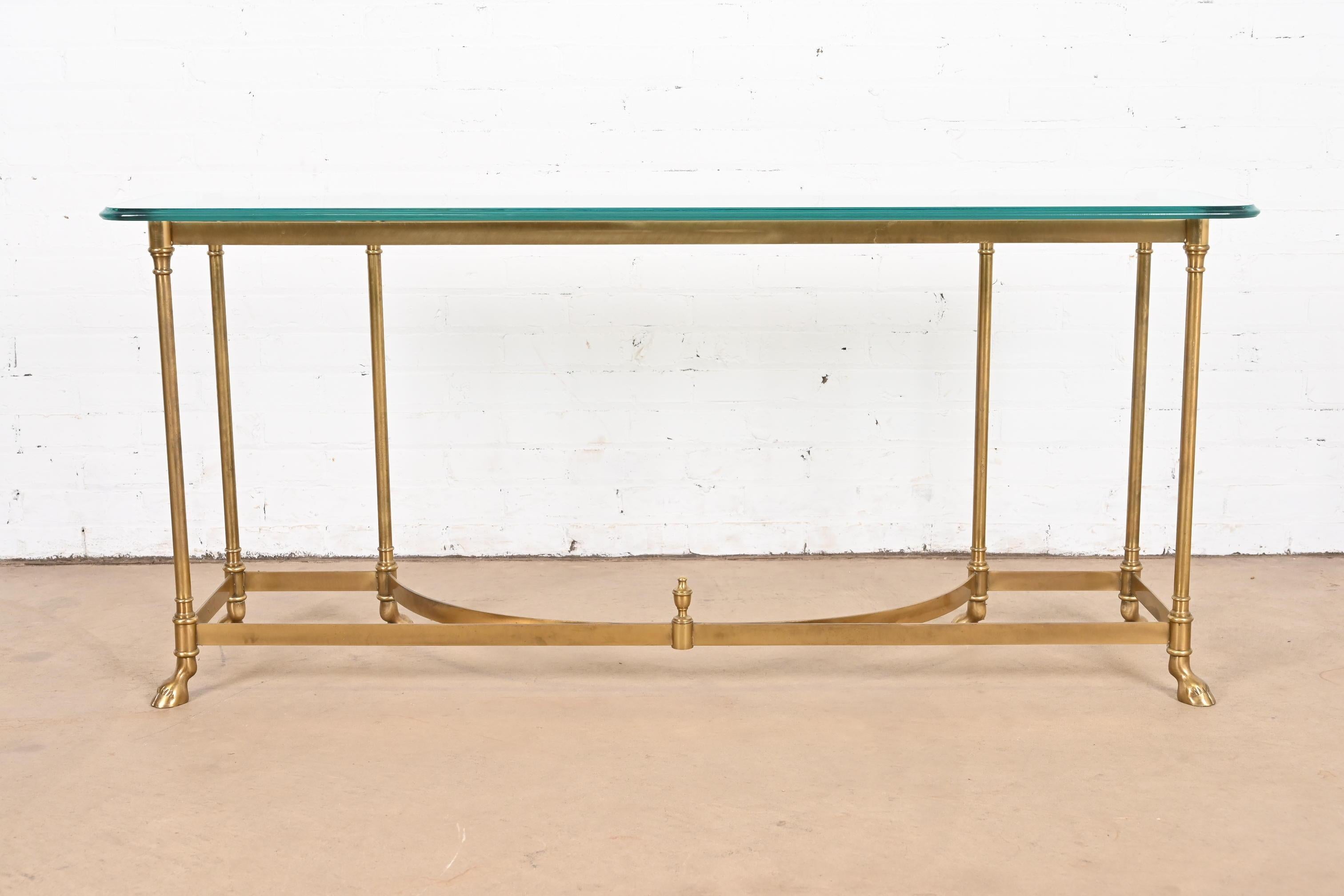 Labarge Hollywood Regency Brass and Glass Hooved Feet Console Table, Circa 1960s For Sale 8