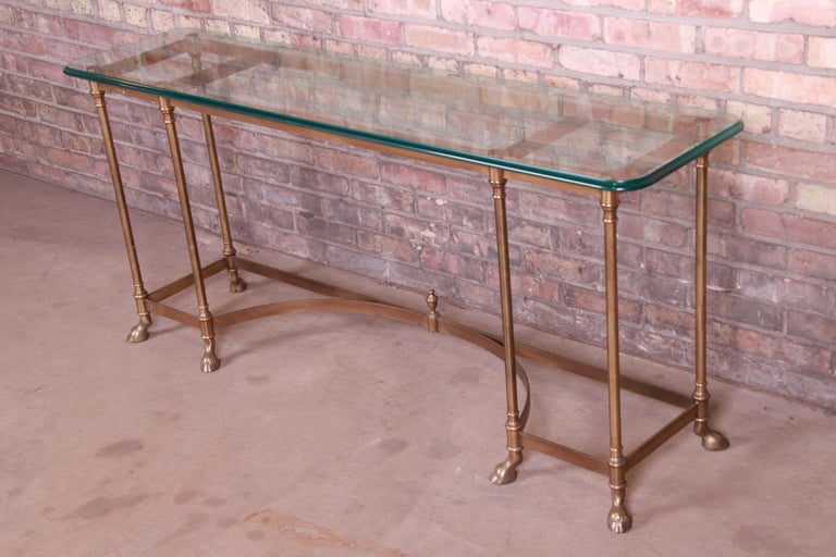 Labarge Hollywood Regency Brass and Glass Hooved Feet Console Table