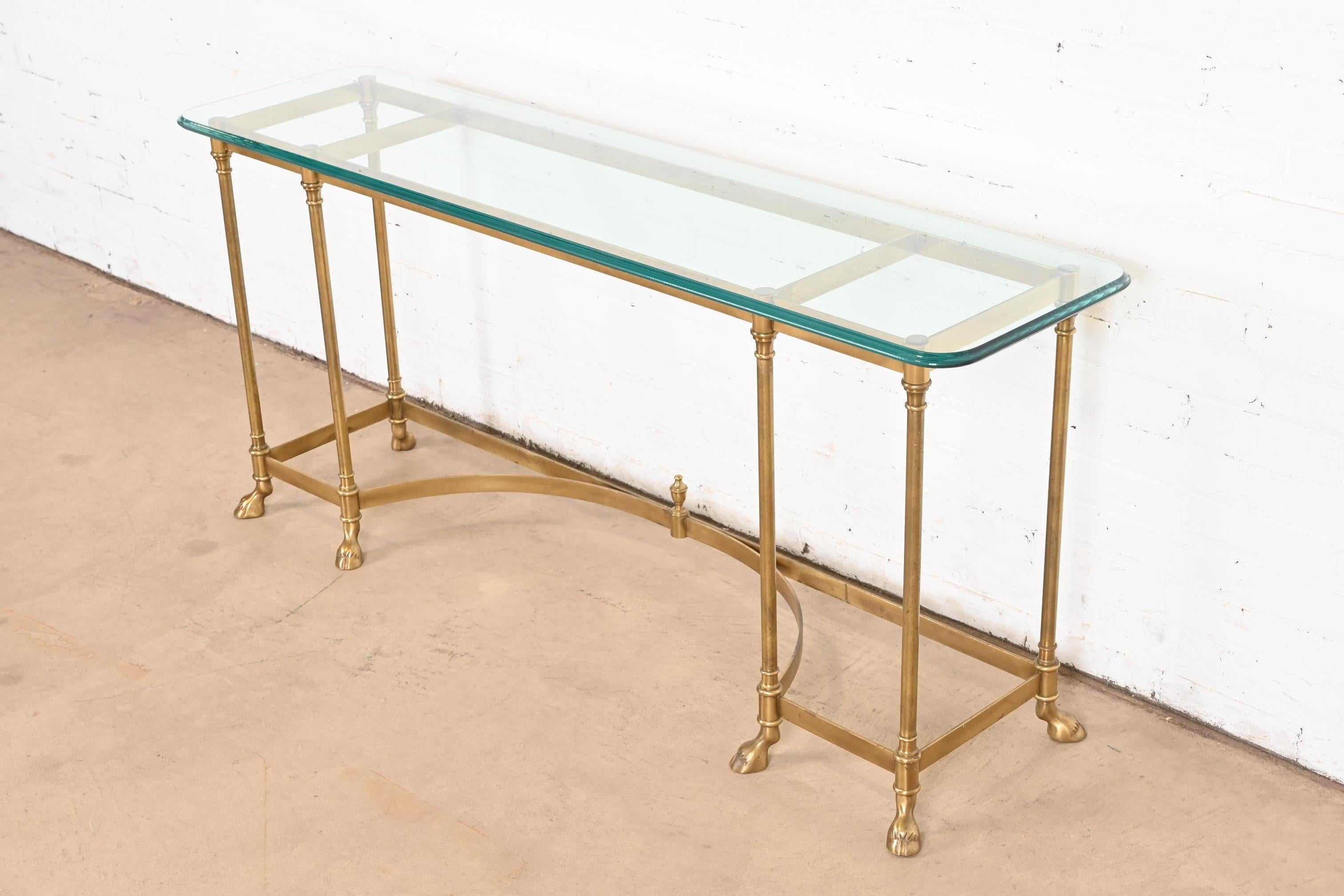 American Labarge Hollywood Regency Brass and Glass Hooved Feet Console Table, Circa 1960s For Sale