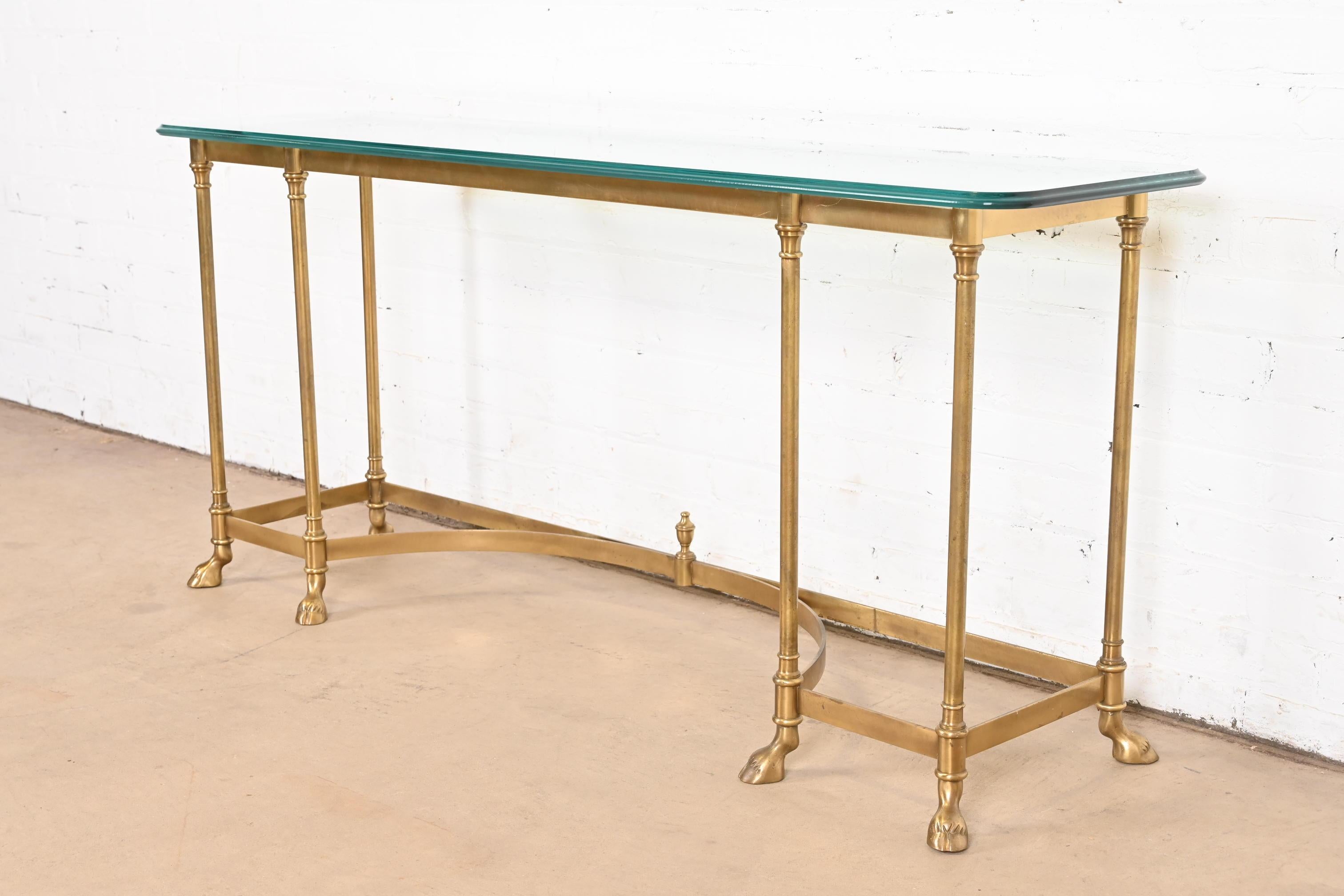 Labarge Hollywood Regency Brass and Glass Hooved Feet Console Table, Circa 1960s In Good Condition For Sale In South Bend, IN