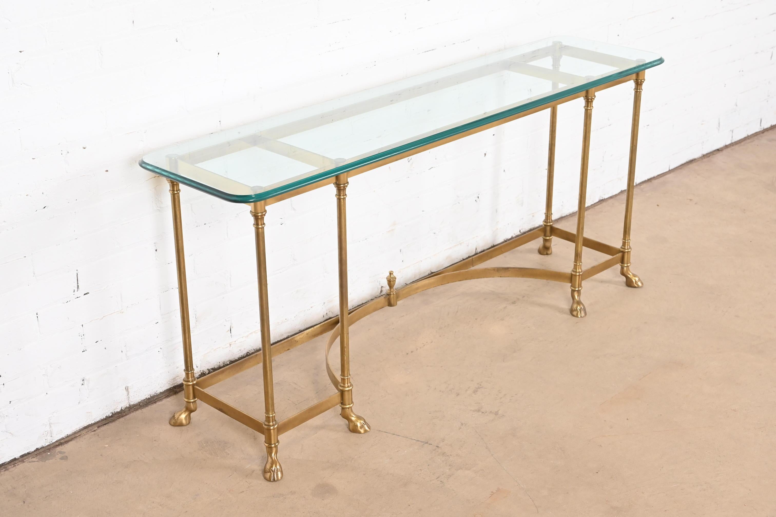 Mid-20th Century Labarge Hollywood Regency Brass and Glass Hooved Feet Console Table, Circa 1960s For Sale