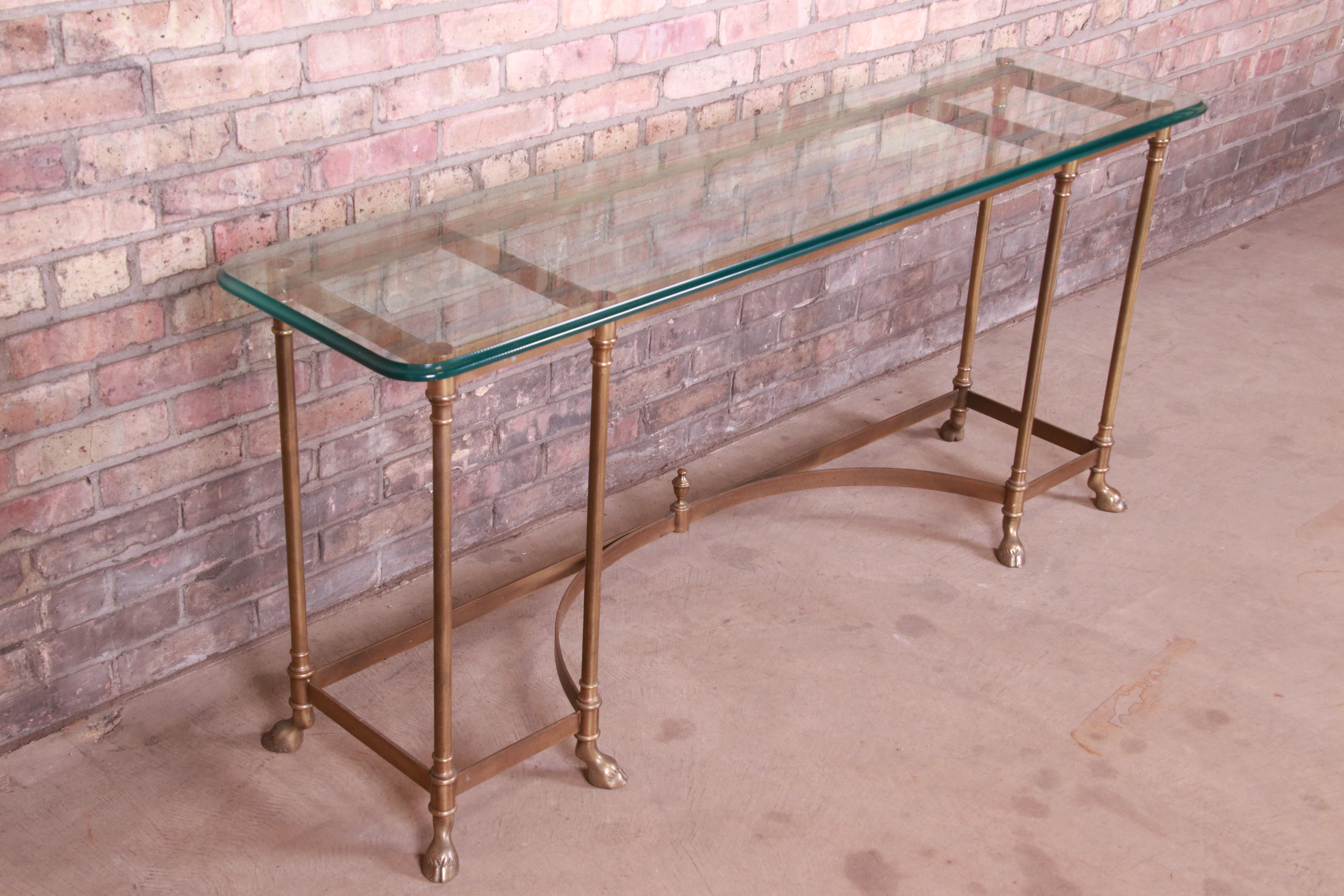20th Century Labarge Hollywood Regency Brass and Glass Hooved Feet Console Table, circa 1960s
